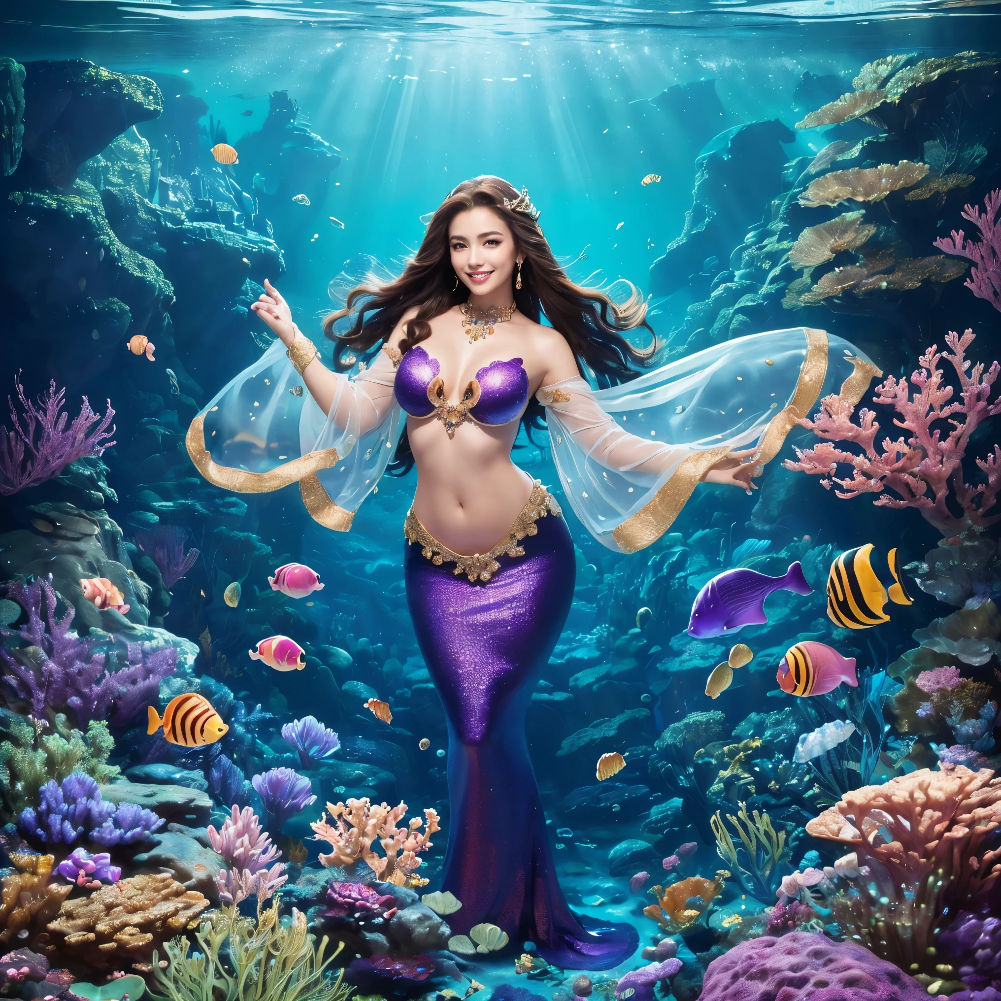 (highest quality、table top、8K、best image quality、hyper realism)、(Little mermaid in the most luxurious and majestic costume:1.1)、(Luxurious transparent sleeve:1.1)、(A mermaid goddess swimming in the beautiful rocky area of the deep sea.:1.2)、(Extremely complex and detailed ocean depictions:1.1)、(There are many beautiful small tropical fish and corals in the sea..:1.1)、(The most luxurious and luxurious underwater temple:1.3)、(Mysterious and most splendid gigantic Atlantis:1.3)、(Detailed depiction of the beautiful sea:1.1)、(Unimaginably beautiful and mysterious underwater depictions:1.1)、(Sparkling pink and purple、Realistic scales that shine in every detail:1.2)、(A mermaid goddess swimming in the beautiful rocky area of the deep sea 上半身写真:1.1)、(Accurate mermaid tail and beautiful fins)、Beautiful sea that shines intricately、Clear and detailed background,、(accurate anatomy:1.3)、(perfect hands:1.1)、(The most luxurious and finest jewelry decoration throughout the body:1.1)、golden decoration、the most gorgeous goddess sleeves、the most luxurious decoration、large amount of intricate gemstones、beautiful brown hair、Highly detailed pink and purple scales、(最も贅沢でhighest qualityの巨大ティアラ:1.1)、(that'It's very vivid, Fantastic and mysterious:1.2)、(最も贅沢でhighest qualityのジャイアントネックレス)、Beautiful purple and pink tail of a mermaid、perfect makeup、(the best smile when you look at me:1.2)