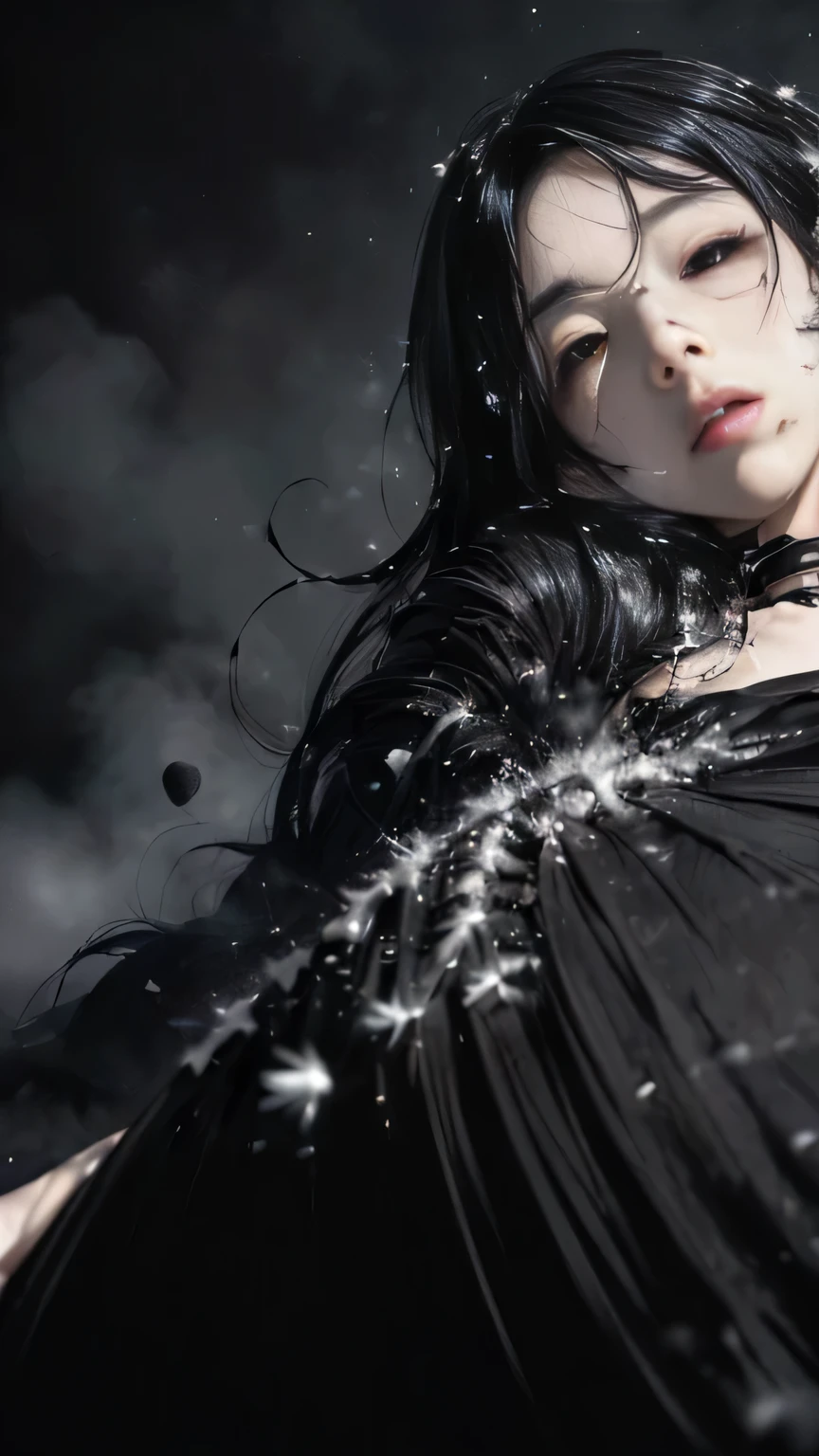 (((masterpiece))),((highest quality)),one beautiful japanese girl,pale, (A character who personifies darkness: 1.5), (My hair turns into a black mist and envelops my entire body..:1.5)、(((hair is black particles:1.5)))、(belly button)、(A glimpse of white skin can be seen through the black mist that covers the body..:1.5),(private server), (exposure of skin),(The background is wasteland 1.5).(((from the front:1.5)))、(straight front: 1.5)、(((Lie:1.5)))