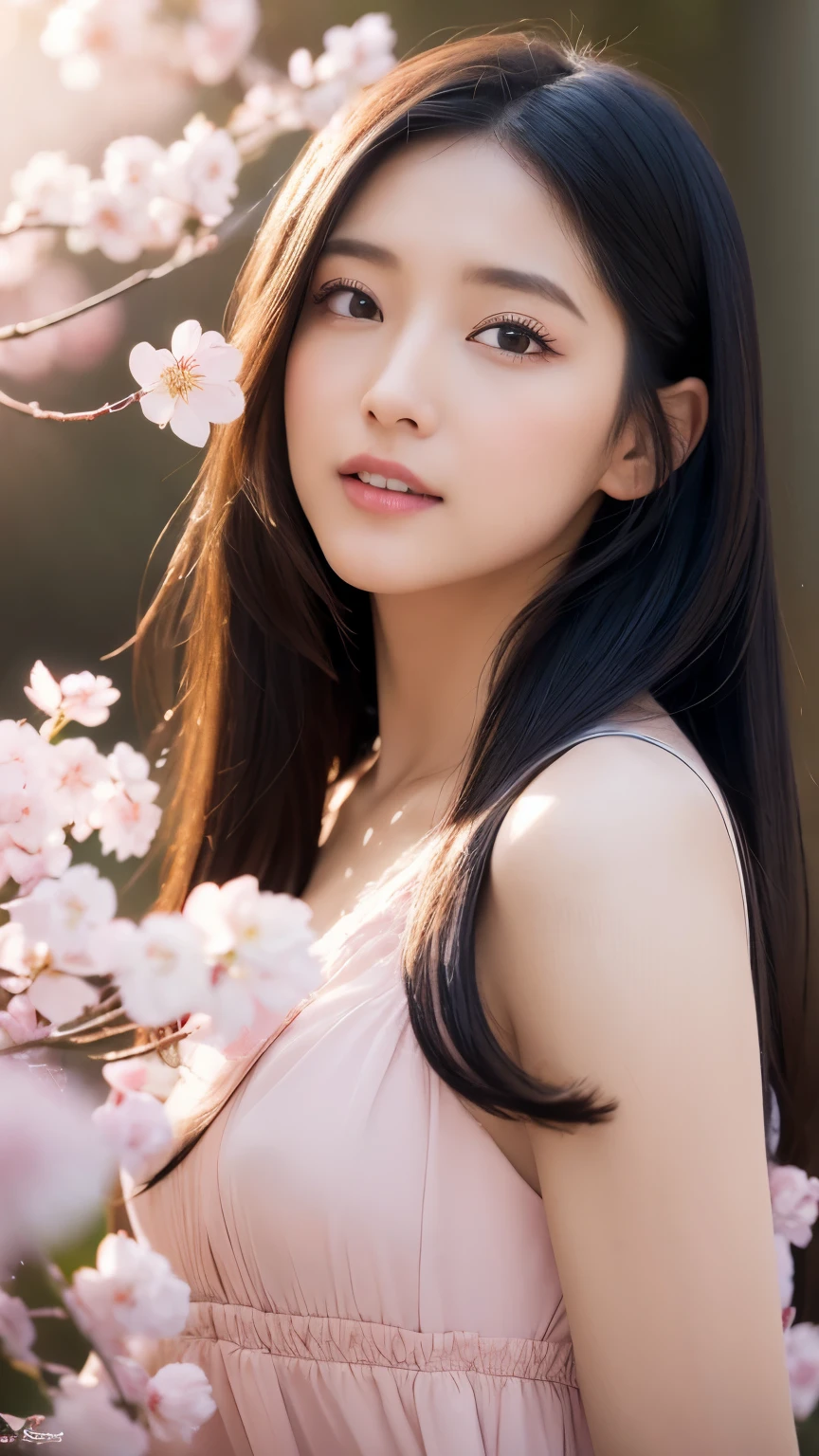 (logo、masterpiece、8K、table top、Raw photo、wonderful、最high quality、フォトリアリスティックでvery detailedな CG 統合 8k 壁紙、high quality、very detailed、narrative poem、particle effects、dynamic effects、Depth of the bounds written、cinematic light、Lens flare、ray tracing)、fantasy、 (1 beautiful woman、dress、dress、cherry blossom pattern、black haired、beautiful face、real face、beautiful details eyes beautiful skin)、髪がWindで踊る、Hair flutters in Wind、hair bounces、pink cherry tree、petals dance、SakuraFubuki、Spectacular view、sunrise、sun on background、Wind、