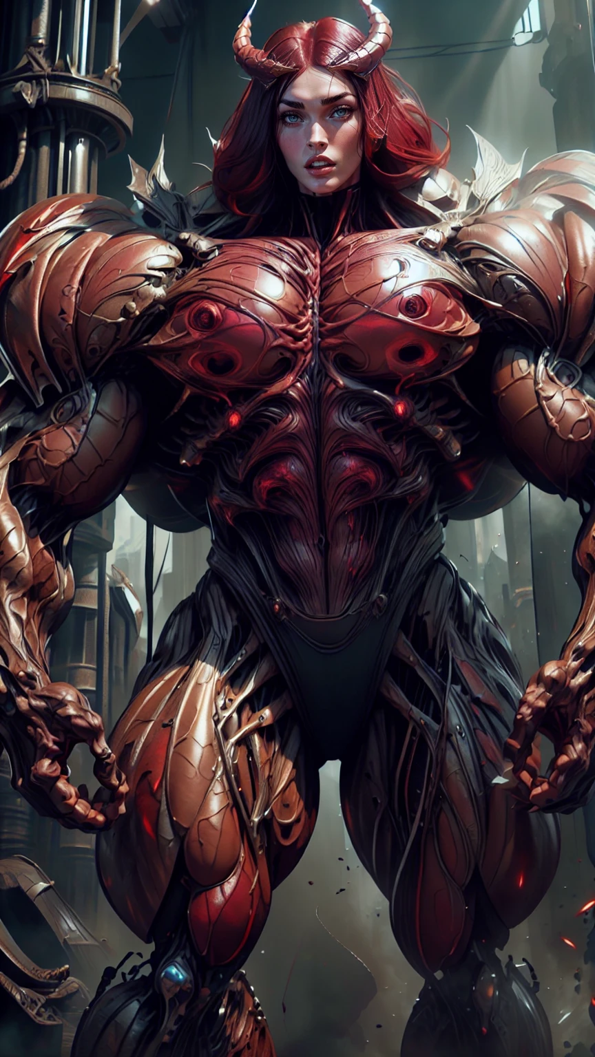 megan fox as a vampiric muscular red carnage, (mouth wide open with tongue out:1.25), (red carnage anatomic muscular bio-mecha muscle suit:1.25), (body totally covered in muscles, veins, tendons), (perfect muscular anatomy),