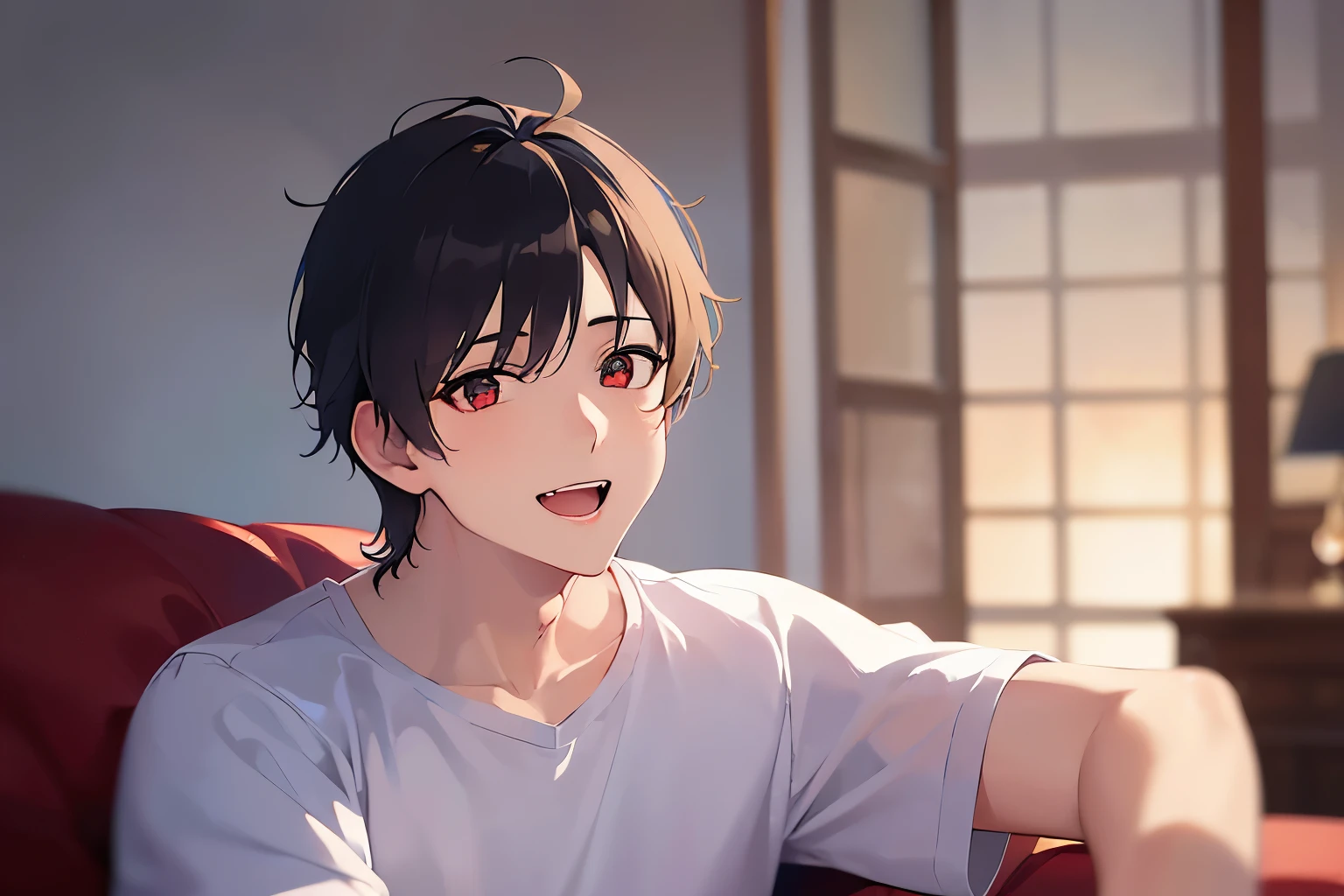 masterpiece、highest quality、(25 year old male:1.5) and (brown short hair) and (red eyes), wearing a plain white T-shirt、smile, open mouth, The background is the living room、(Alone:1.5)、Upper body is shown、