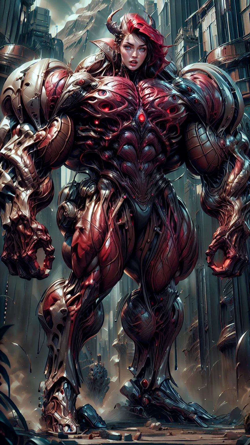 Cinematic, clear facial features and insanely detailed, the image captures the essence of (1 girl), (megan fox:1.25), (long red hair), (carnage skinless physique:1.25), (1 super muscular undead skinless succubus with gigantic horns:1.25), (covered in red necrotic rotting skinless muscle:1.25), (exposed muscles & veins everywhere:1.25), (perfect fingers:1.25) (full body pose:1.25). The color grading is beautifully done, enhancing the overall cinematic feel. Unreal Engine makes her appearance even more mesmerizing. With depth of field (DOF), every detail is focused and accentuated, drawing attention to her eyes and hair. Peak image resolution utilizing super-resolution technology ensures pixel perfection. Cinematic lighting enhances her aura, while anti-aliasing techniques like FXAA and TXAA keep the edges smooth and clean. Adding realism to the muscular bio-mecha succubus , RTX technology enables ray tracing. Additionally, SSAO (Screen Space Ambient Occlusion) gives depth and realism to the scene, the girl's presence even more convincing. In the post-processing and post-production stages, tone mapping enhances the colors, creating a captivating visual experience. The integration of CGI (Computer-Generated Imagery) and VFX (Visual Effects brings out her demonic features seamlessly . Incredible level of detail, with intricate elements meticulously crafted, the artwork hyper maximalist and hyper-realistic. Volumetric effects add depth and dimension, with unparalleled photorealism. 8k resolution rendering ensures super detailed visuals. The volumetric lighting adds a touch of magic, highlighting her beauty and aura in an otherworldly way. High Dynamic Range (HDR) tech makes the colors pop, adding richness to the overall composition. Ultimately, this artwork presents an unreal, yet stunningly real portrayal of an incredibly beautiful bio-mecha succubus girl. The sharp focus ensures that every feature is crisply defined, creating a captivating presence. (girl face:1.45)