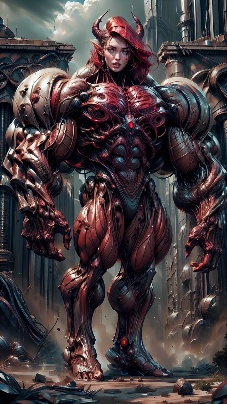 Cinematic, clear facial features and insanely detailed, the image captures the essence of (1 girl), (megan fox:1.25), (long red hair), (carnage skinless physique:1.25), (1 super muscular undead skinless succubus with gigantic horns:1.25), (covered in red necrotic rotting skinless muscle:1.25), (exposed muscles & veins everywhere:1.25), (perfect fingers:1.25) (full body pose:1.25). The color grading is beautifully done, enhancing the overall cinematic feel. Unreal Engine makes her appearance even more mesmerizing. With depth of field (DOF), every detail is focused and accentuated, drawing attention to her eyes and hair. Peak image resolution utilizing super-resolution technology ensures pixel perfection. Cinematic lighting enhances her aura, while anti-aliasing techniques like FXAA and TXAA keep the edges smooth and clean. Adding realism to the muscular bio-mecha succubus , RTX technology enables ray tracing. Additionally, SSAO (Screen Space Ambient Occlusion) gives depth and realism to the scene, the girl's presence even more convincing. In the post-processing and post-production stages, tone mapping enhances the colors, creating a captivating visual experience. The integration of CGI (Computer-Generated Imagery) and VFX (Visual Effects brings out her demonic features seamlessly . Incredible level of detail, with intricate elements meticulously crafted, the artwork hyper maximalist and hyper-realistic. Volumetric effects add depth and dimension, with unparalleled photorealism. 8k resolution rendering ensures super detailed visuals. The volumetric lighting adds a touch of magic, highlighting her beauty and aura in an otherworldly way. High Dynamic Range (HDR) tech makes the colors pop, adding richness to the overall composition. Ultimately, this artwork presents an unreal, yet stunningly real portrayal of an incredibly beautiful bio-mecha succubus girl. The sharp focus ensures that every feature is crisply defined, creating a captivating presence. (girl face:1.45)
