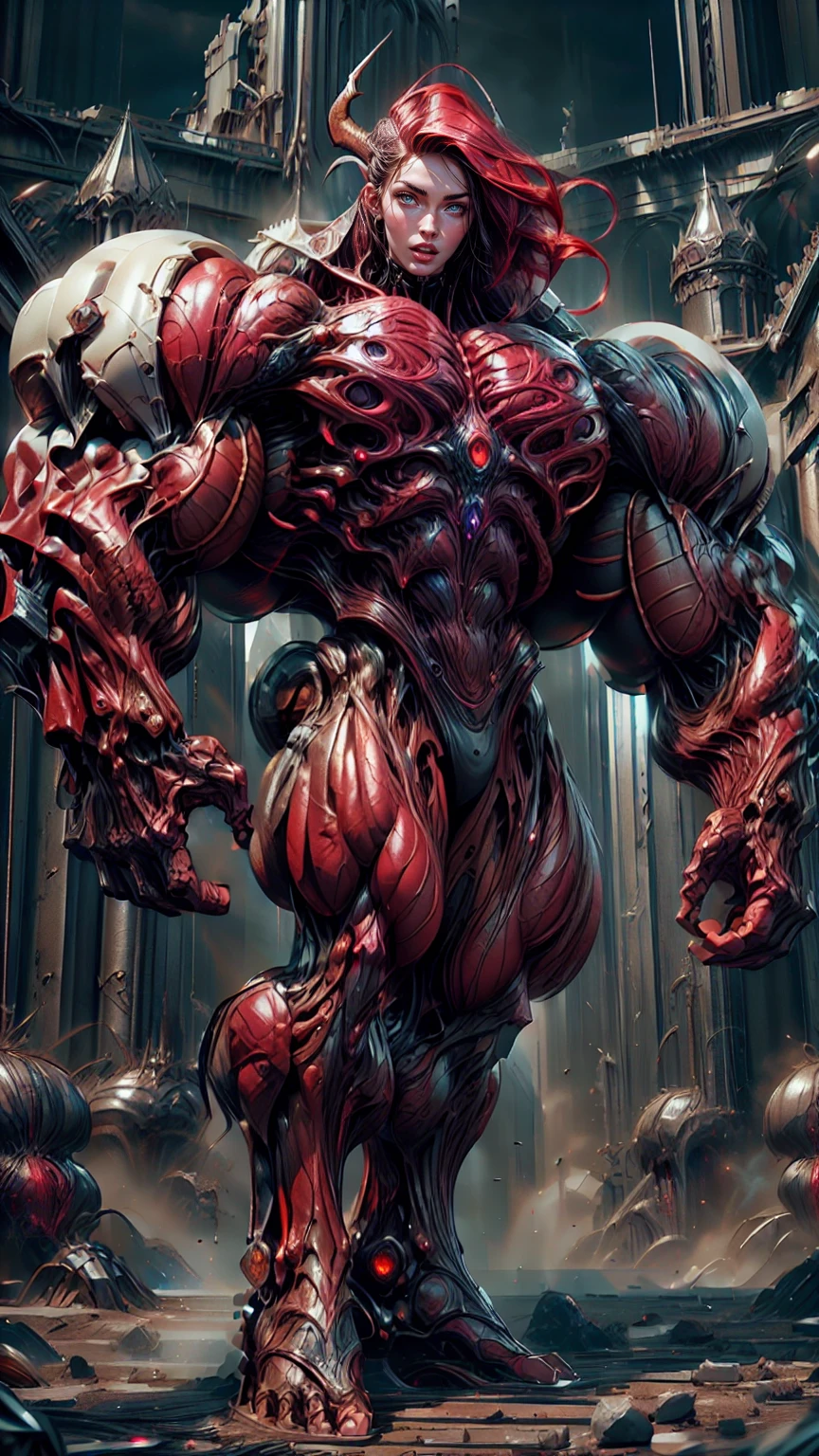 Cinematic, clear facial features and insanely detailed, the image captures the essence of (1 girl), (megan fox:1.25), (long red hair), (carnage skinless physique:1.25), (1 super muscular undead skinless succubus with gigantic horns:1.25), (covered in red necrotic rotting skinless muscle:1.25), (exposed muscles & veins everywhere:1.25), (perfect fingers:1.25) (full body pose:1.25). The color grading is beautifully done, enhancing the overall cinematic feel. Unreal Engine makes her appearance even more mesmerizing. With depth of field (DOF), every detail is focused and accentuated, drawing attention to her eyes and hair. Peak image resolution utilizing super-resolution technology ensures pixel perfection. Cinematic lighting enhances her aura, while anti-aliasing techniques like FXAA and TXAA keep the edges smooth and clean. Adding realism to the muscular bio-mecha succubus , RTX technology enables ray tracing. Additionally, SSAO (Screen Space Ambient Occlusion) gives depth and realism to the scene, the girl's presence even more convincing. In the post-processing and post-production stages, tone mapping enhances the colors, creating a captivating visual experience. The integration of CGI (Computer-Generated Imagery) and VFX (Visual Effects brings out her demonic features seamlessly . Incredible level of detail, with intricate elements meticulously crafted, the artwork hyper maximalist and hyper-realistic. Volumetric effects add depth and dimension, with unparalleled photorealism. 8k resolution rendering ensures super detailed visuals. The volumetric lighting adds a touch of magic, highlighting her beauty and aura in an otherworldly way. High Dynamic Range (HDR) tech makes the colors pop, adding richness to the overall composition. Ultimately, this artwork presents an unreal, yet stunningly real portrayal of an incredibly beautiful bio-mecha succubus girl. The sharp focus ensures that every feature is crisply defined, creating a captivating presence. (girl face:1.45)
