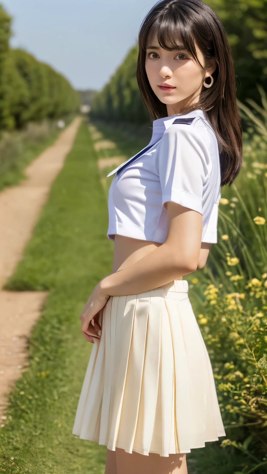 (highest quality:1.4), (hyper quality), (Super detailedな), 1 beautiful girl, (group of female high school students:1.3), Super cute, wonderful face and eyes, (Short-sleeved sailor suit made of thin white fabric), Black pleated micro mini skirt with low rise:1.1, (black pleated mini skirt:1.5), (Beautiful and incredibly big breasts:1.3), (The shape of the nipple protrusions through the uniform:1.4), (uniform is not exposed:1.2), (The fabric of the uniform is thin and the shape of her chest is clearly visible.:1.3), Realistic uniform wrinkles, (red ribbon:1.1), (underboob:1.1), (Massaging her breasts over her uniform:1.2), (slender body:1.1), (slender and long beautiful legs), (thin waist), real skin texture, crystal clear very white skin, (bangs:1.2), earrings, light makeup, (Don&#39;t look at me, look ahead), beautiful goddess advent, beautiful background, golden ratio, conceptual art, Super detailed, Accurate, advanced details, (walk along a path surrounded by fields:1.2), My chest sways, Super close, sexy art, (Under the summer sun), bright light, Super delicate illustration details, Highly detailed CG integrated 8k wallpaper, RAW photo, professional photos, cinematic lighting, Depth of the bounds written, No bra, (The nipple protrusions push up the uniform:1.2), (Sharp nipples through the uniform), cropped tops, High heels on bare feet, (back view, stick out your butt)