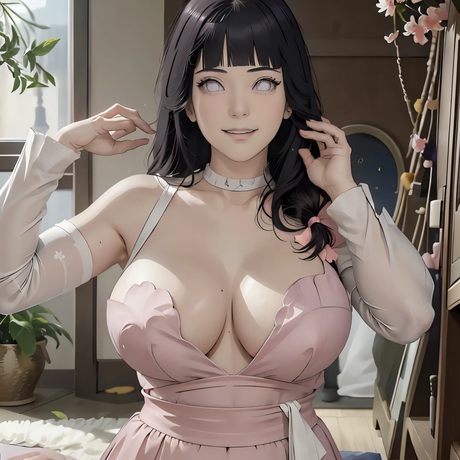 masterpiece, absurdres, hinata\(boruto\), 1girl, solo,mature female, spaghetti strap top, high waist short skirt, looking at viewer, (falling petals), perfect composition, detailed lips, (big breast, huge breast ), beautiful face, body propotion, blush, (pink lips), soft gaze, super realistic, detailed, photoshoot, realistic face and body, thighhighs, (nsfw:1.3), cum, (very long hair:1.2),( medium close shot), smile