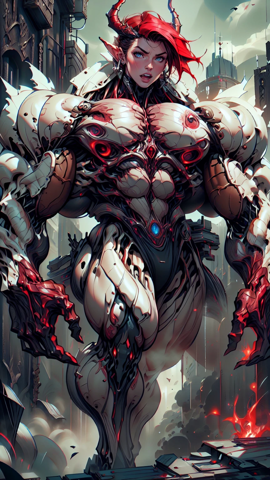Cinematic, clear facial features and insanely detailed, the image captures the essence of (1 girl), (megan fox:1.25), (long red hair), (carnage skinless physique:1.25), (1 super muscular undead skinless succubus with gigantic horns:1.25), (covered in red necrotic rotting skinless muscle:1.2posed muscles & veins everywhere:1.25), (perfect fingers:1.25) (full body pose:1.25). The color grading is beautifully done, enhancing the overall cinematic feel. Unreal Engine makes her appearance even more mesmerizing. With depth of field (DOF), every detail is focused and accentuated, drawing attention to her eyes and hair. Peak image resolution utilizing super-resolution technology ensures pixel perfection. Cinematic lighting enhances her aura, while anti-aliasing techniques like FXAA and TXAA keep the edges smooth and clean. Adding realism to the muscular bio-mecha succubus , RTX technology enables ray tracing. Additionally, SSAO (Screen Space Ambient Occlusion) gives depth and realism to the scene, the girl's presence even more convincing. In the post-processing and post-production stages, tone mapping enhances the colors, creating a captivating visual experience. The integration of CGI (Computer-Generated Imagery) and VFX (Visual Effects brings out her demonic features seamlessly . Incredible level of detail, with intricate elements meticulously crafted, the artwork hyper maximalist and hyper-realistic. Volumetric effects add depth and dimension, with unparalleled photorealism. 8k resolution rendering ensures super detailed visuals. The volumetric lighting adds a touch of magic, highlighting her beauty and aura in an otherworldly way. High Dynamic Range (HDR) tech makes the colors pop, adding richness to the overall composition. Ultimately, this artwork presents an unreal, yet stunningly real portrayal of an incredibly beautiful bio-mecha succubus girl. The sharp focus ensures that every feature is crisply defined, creating a captivating presence. (girl face:1.45)