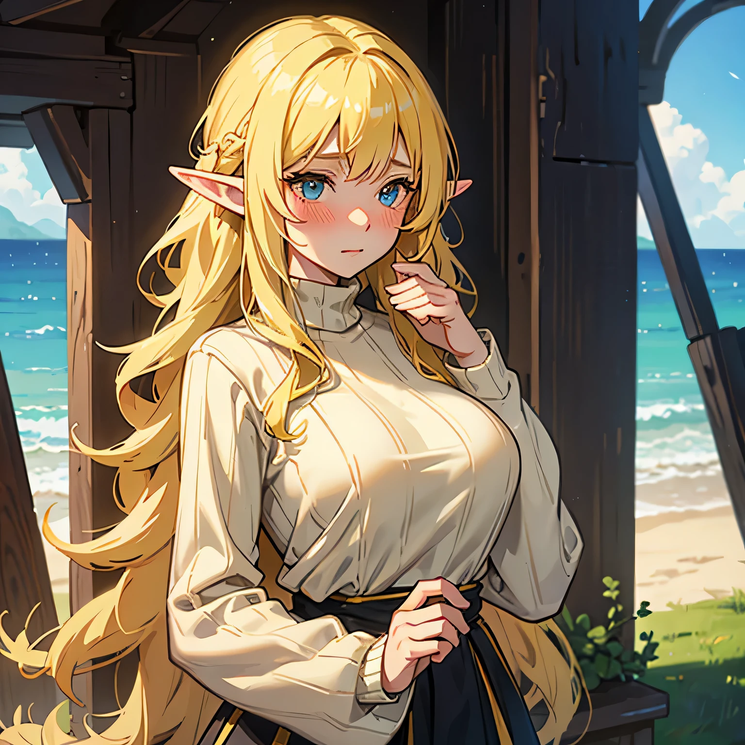 Shy and blushing girl with elf ears, cabello amarillo ondulado y pechos grandes. , wearing a fluffy sweater