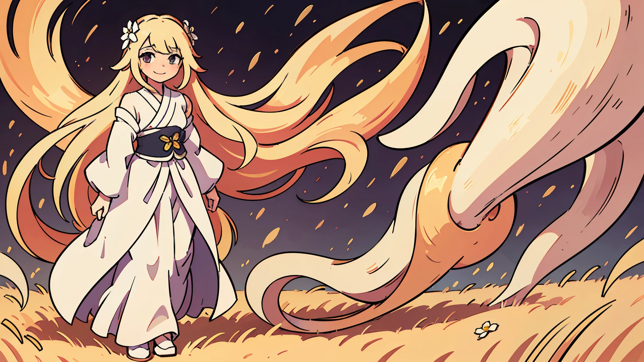 masterpiece, Best quality, ultra high resolution, detailed illustration, portrait, detailed, 1 girl standing in wheat field, alone, long hair, dress, flower, white hanfu, smile, full body, white flower, , very hair long hair