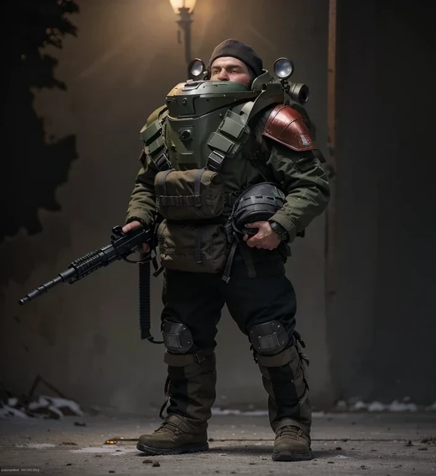 male soldier, Russian face, wears a cap, has military green heavy metal cosmonaut armor with red details, red metal shoulder pads, has lamps on his back, military bags with ammunition, carries a military backpack, under the military uniform armor Soviet winter, metal military boots, metal knee pads, metal wrist guards, leather gloves, in one hand he holds a laser cannon, in his other hand he holds a cosmonaut helmet, outside a Russian forest on fire, a lot of fire, explosions, smoke, snowy forest, realistic, 4k, Ultra detailed image, realistic, Highly detailed, perfect composition, gorgeous, Intricately detailed, incredibly detailed, Art photography 8K, hyper detailed, Masterpiece, Ultra detailed, hyper realistic, 4k, Ultra detailed image, realistic, Highly detailed, perfect composition, beautiful, intricately detailed, incredibly detailed, art photography 8k, hyper detailed, masterpiece