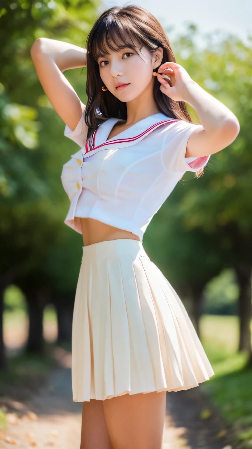 (highest quality:1.4), (hyper quality), (Super detailedな), 1 beautiful girl, (group of female high school students:1.3), Super cute, wonderful face and eyes, (Short-sleeved sailor suit made of thin white fabric), Black pleated micro mini skirt with low rise:1.1, (black pleated mini skirt:1.5), (Beautiful and incredibly big breasts:1.3), (The shape of the nipple protrusions through the uniform:1.4), (uniform is not exposed:1.2), (The fabric of the uniform is thin and the shape of her chest is clearly visible.:1.3), Realistic uniform wrinkles, (red ribbon:1.1), (underboob:1.1), (Massaging her breasts over her uniform:1.2), (slender body:1.1), (slender and long beautiful legs), (thin waist), real skin texture, crystal clear very white skin, (bangs:1.2), earrings, light makeup, (Don&#39;t look at me, look ahead), beautiful goddess advent, beautiful background, golden ratio, conceptual art, Super detailed, Accurate, advanced details, (walk along a path surrounded by fields:1.2), My chest sways, Super close, sexy art, (Under the summer sun), bright light, Super delicate illustration details, Highly detailed CG integrated 8k wallpaper, RAW photo, professional photos, cinematic lighting, Depth of the bounds written, No bra, (The nipple protrusions push up the uniform:1.2), (Sharp nipples through the uniform), cropped tops, High heels on bare feet, (back view, stick out your butt)