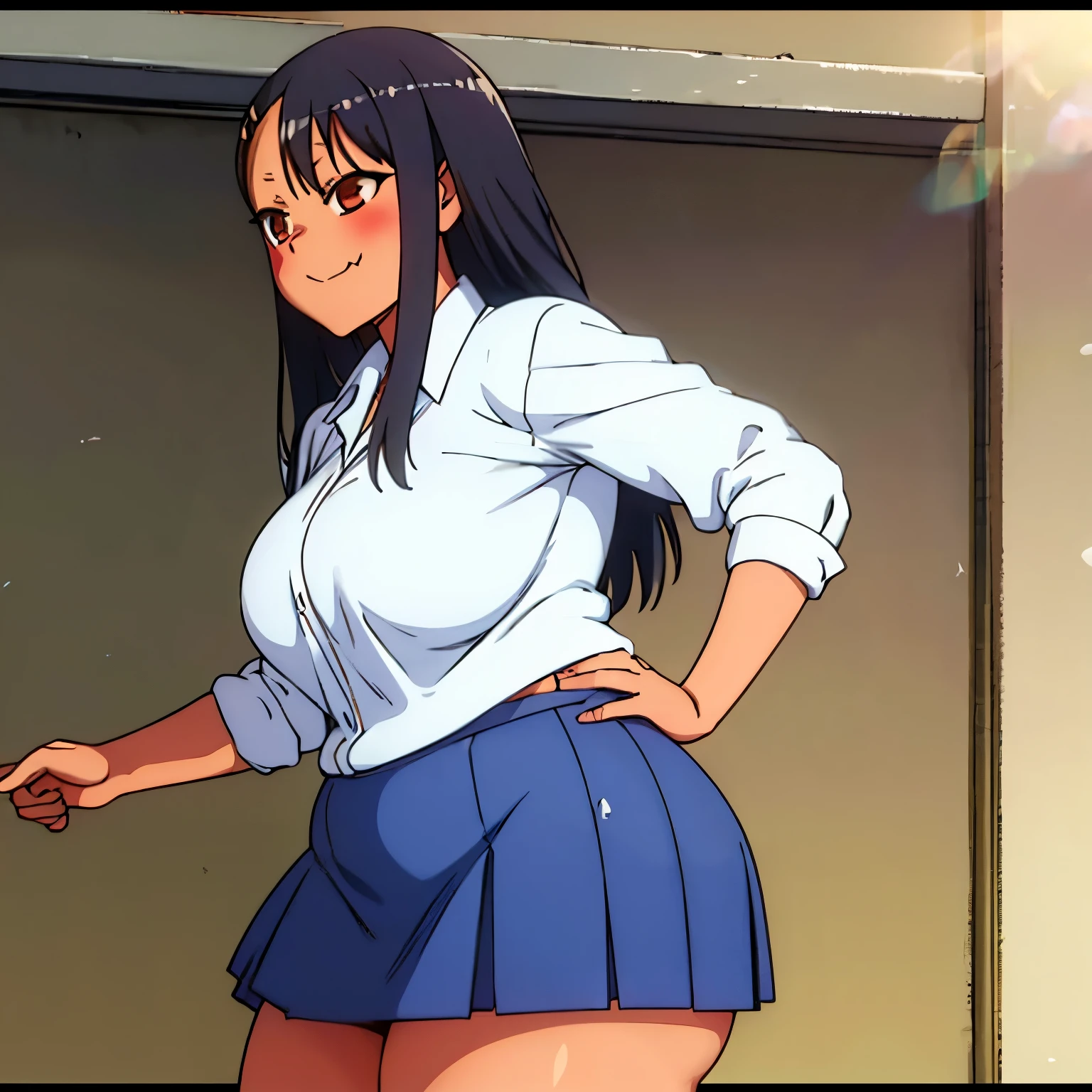 Nagatoro at school, golden hour lighting, she's wearing a white blouse and a blue skirt, smirking, wide hips, thick thighs, hourglass figure, medium sized oppai, SFW, kawaii, she's slightly chubby
