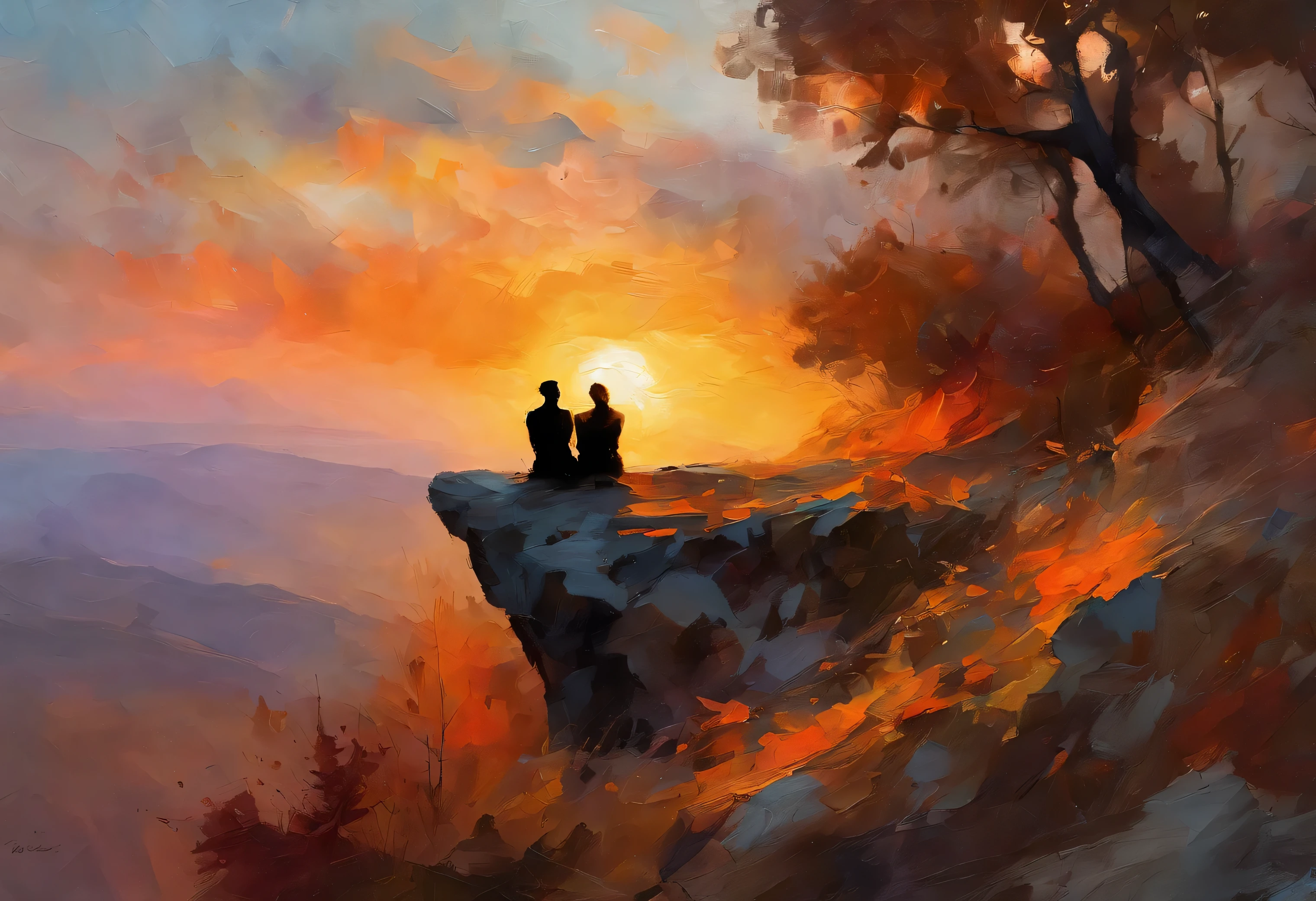 a silhouette of a couple sitting on the edge of a cliff watching the sunset artwork painting and spray paint effect, by Eugeniusz Zak, watercolor art, by Károly Lotz, watercolor painting, watercolor painting style, watercolor detailed art, by Reuben Tam, watercolor digital painting, watercolor paint, masterfully detailed watercolor, watercolor art, Grzegorz Rutkowski
