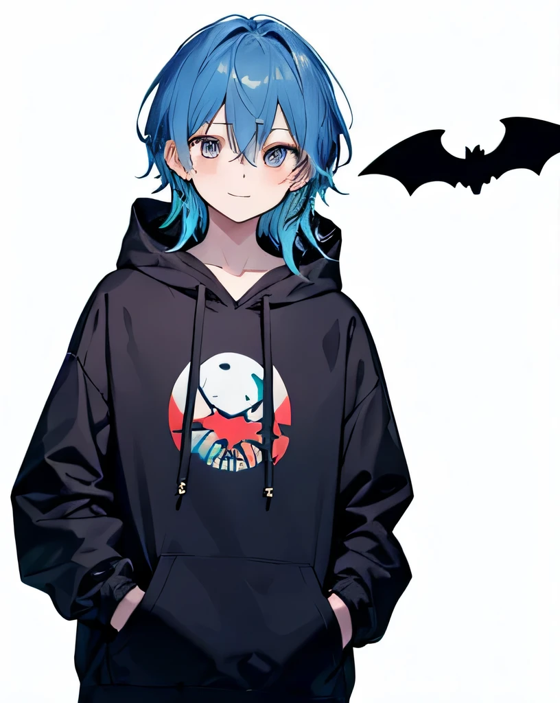 masterpiece,1 boy,alone,long hair,blue hair,bat hoodie:1.5,put your hands on your hips, put one&#39;Hand in hand&#39;pocket of,no background,smile,open your mouth