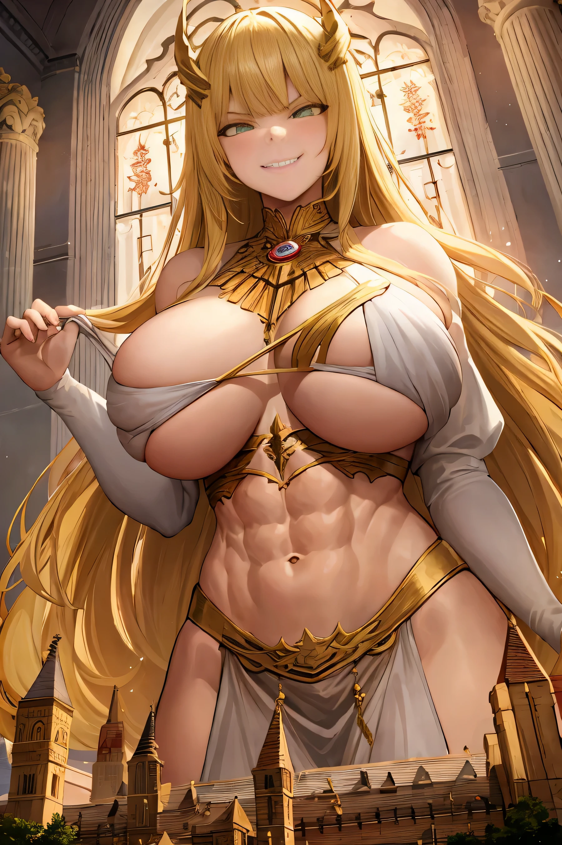 big woman, Lange blonde haafe, Goldene Krone, Hellblaue Augen, Huge breasts, lange beine, abs, Muskeln, white goddess dress, Grinsen , Best quality, Meisterwerk, Goldene Krone, Strecken