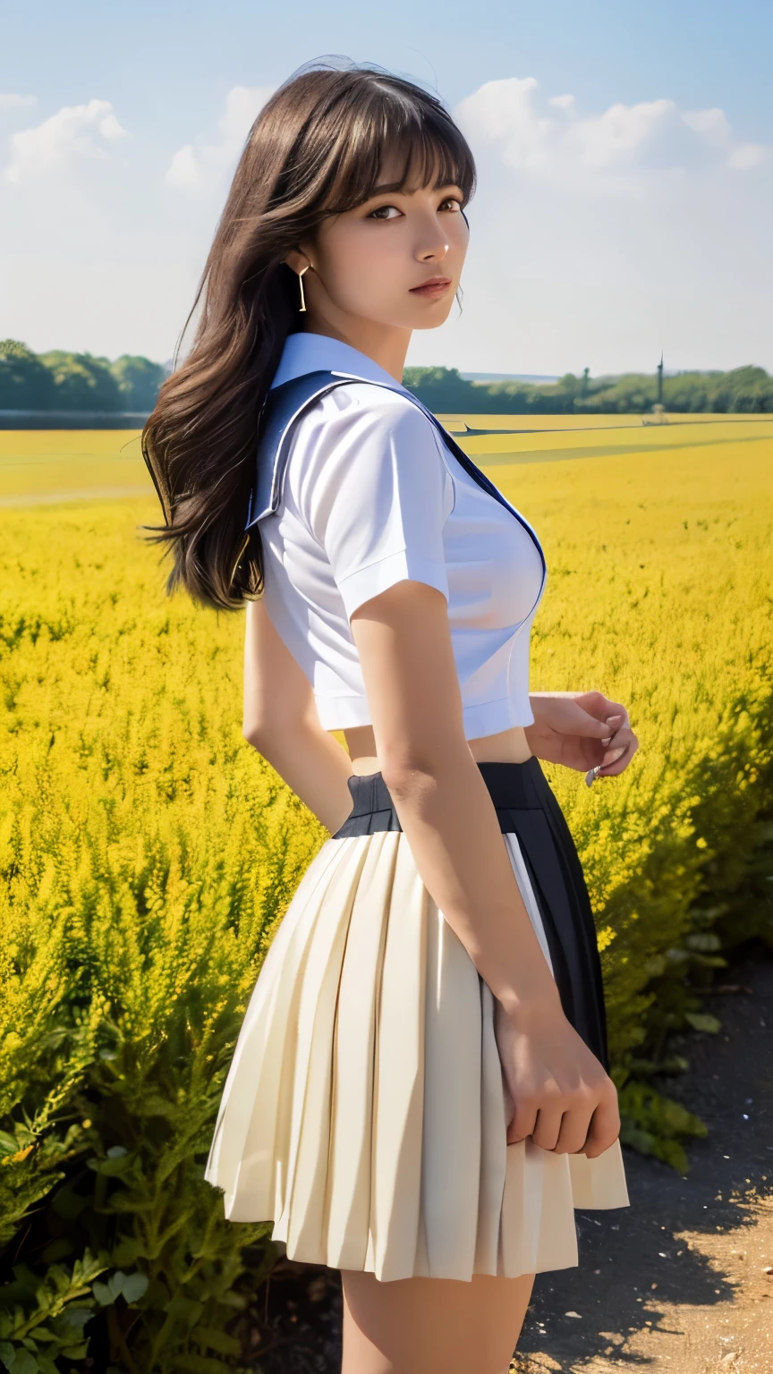 (highest quality:1.4), (hyper quality), (Super detailedな), 1 beautiful girl, (group of female high school students:1.3), Super cute, wonderful face and eyes, (Short-sleeved sailor suit made of thin white fabric), Black pleated micro mini skirt with low rise:1.1, (black pleated mini skirt:1.5), (Beautiful and incredibly big breasts:1.3), (The shape of the nipple protrusions through the uniform:1.4), (uniform is not exposed:1.2), (The fabric of the uniform is thin and the shape of her chest is clearly visible.:1.3), Realistic uniform wrinkles, (red ribbon:1.1), (underboob:1.1), (Massaging her breasts over her uniform:1.2), (slender body:1.1), (slender and long beautiful legs), (thin waist), real skin texture, crystal clear very white skin, (bangs:1.2), earrings, light makeup, (Don't look at me, look ahead), beautiful goddess advent, beautiful background, golden ratio, conceptual art, Super detailed, Accurate, advanced details, (walk along a path surrounded by fields:1.2), My chest sways, Super close, sexy art, (Under the summer sun), bright light, Super delicate illustration details, Highly detailed CG integrated 8k wallpaper, RAW photo, professional photos, cinematic lighting, Depth of the bounds written, No bra, (The nipple protrusions push up the uniform:1.2), (Sharp nipples through the uniform), cropped tops, High heels on bare feet, (back view, stick out your butt)