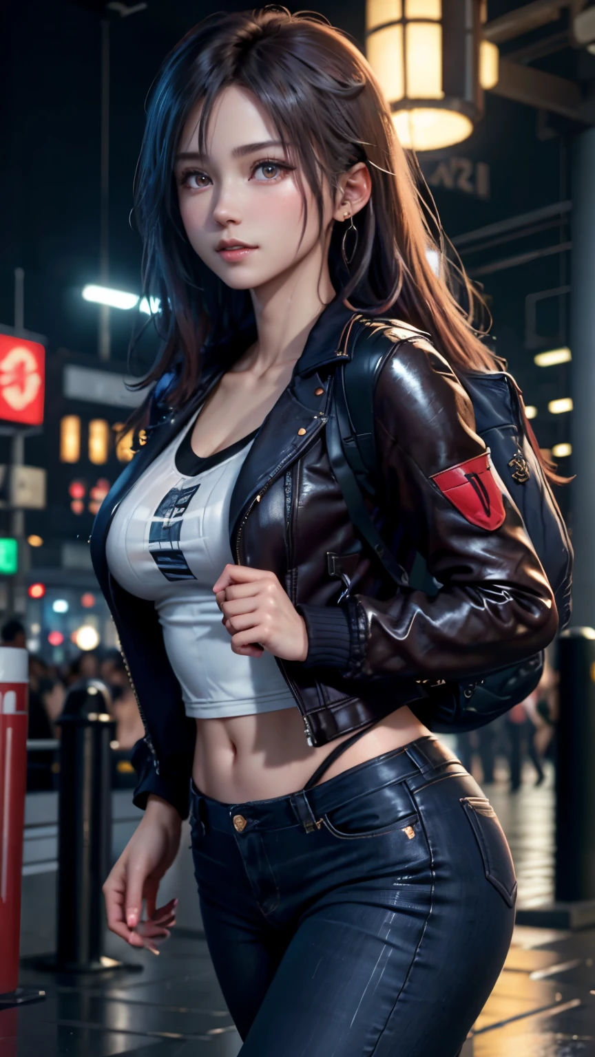 (masterpiece), highest quality, highest quality, very detailed CG unity 8k wallpaper, complex and intricate, original,High resolution, cinematic lighting,
\\
Beautiful and detailed background, Depth of the bounds written,change:0.1,realistic:1.3,
(ambient light:1.3),(cinematic composition:1.3),(neon light:0.1),(HDR:1), accent lighting,
\\
(),very detailed_eye, nail, sexy, big breasts,
(eyeliner:0.5),(blush:0.5), black hair,
\\
looking at the viewer, alone,
\\
white shirt, full body,

swoodt, subway station, store boundaries, akihabara \(Tokyo\), Shibuya Ward \(Tokyo\), Shinjuku \(Tokyo\), wood, rain, cloudy, Afterglow, cityscape,

Pueros face_V1, [:(detailed face:1.2):0.2], shiny eye, Dramatic scenery,

starRY, starRY LIGHT, night, colorful, cloud, star \(null\),  decent jacket, Jacket Pull, wind coat pull,
rainが降っている, rainの, Wet, Wet body, water droplets on the skin,
light blush, skinny,
Ulzzang,(Raw photo:1.2), (photorealistic:1.4), beautiful detailed girl, very detailed eye and face,
light shines on your face,
camel toe, (denim blue jeans, red leather jacket, black leather backpack on the back), (black backpack)

shirt puller, earrings, robber girl, Dynamic expression, leggings, sportswear,

jumping , running, walk