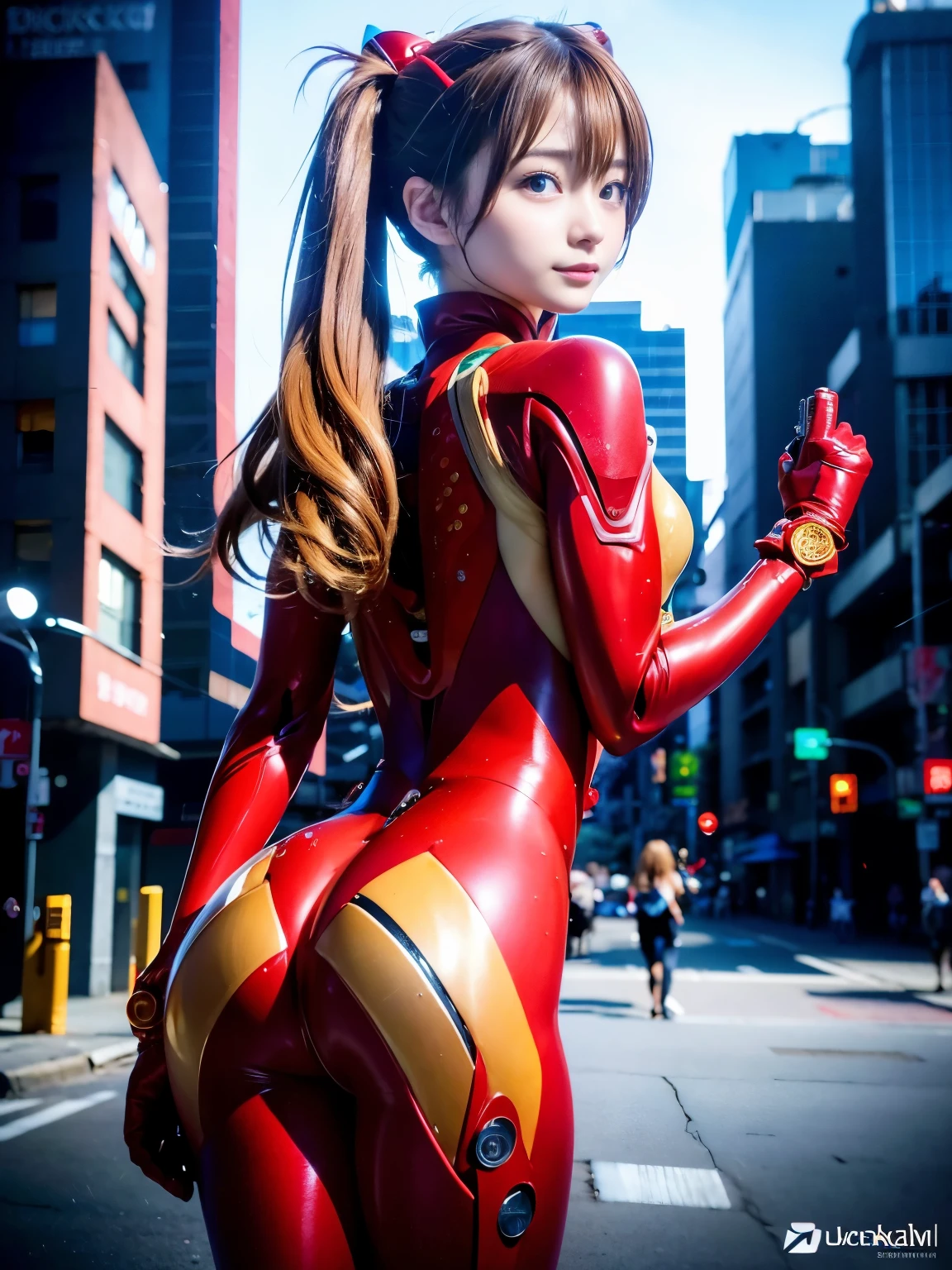 NSFW, ((1 girl))、Super detailed、masterpiece、highest quality、超A high resolution、In 8K、High level image quality、real live action、Transparency that looks great in photos、detailed eye、Gradation、perfect anatomical body proportions ,hard disk、 Nikon Z9 80mm Renaste Piece、cinematic lighting, Physically based rendering, award-winning, highly detailed skin, highly detailed face, dynamic pose、Beautiful eyes in every detail、((Soryu Asuka Langley,interface headset,red bodysuit:1.4,blonde)), Fluffy curly hair、(((red twintails))), ((buckshot、look back:1.5)), ((butt)), sparkling eyes、Lips shining with lip gloss、Natural light、((Photographed in the city)), blurred background