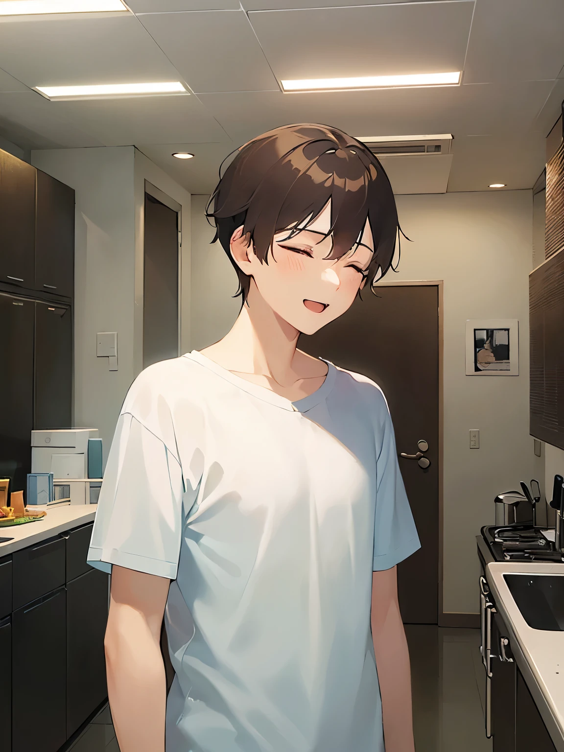 (looking away:1.5), masterpiece、highest quality、(25 year old male:1.5) and (brown short hair) and (closed eyes:1.2), wearing a plain white T-shirt、smile, open mouth, The background is the living room、(Alone:1.5)、Upper body is shown、Are standing