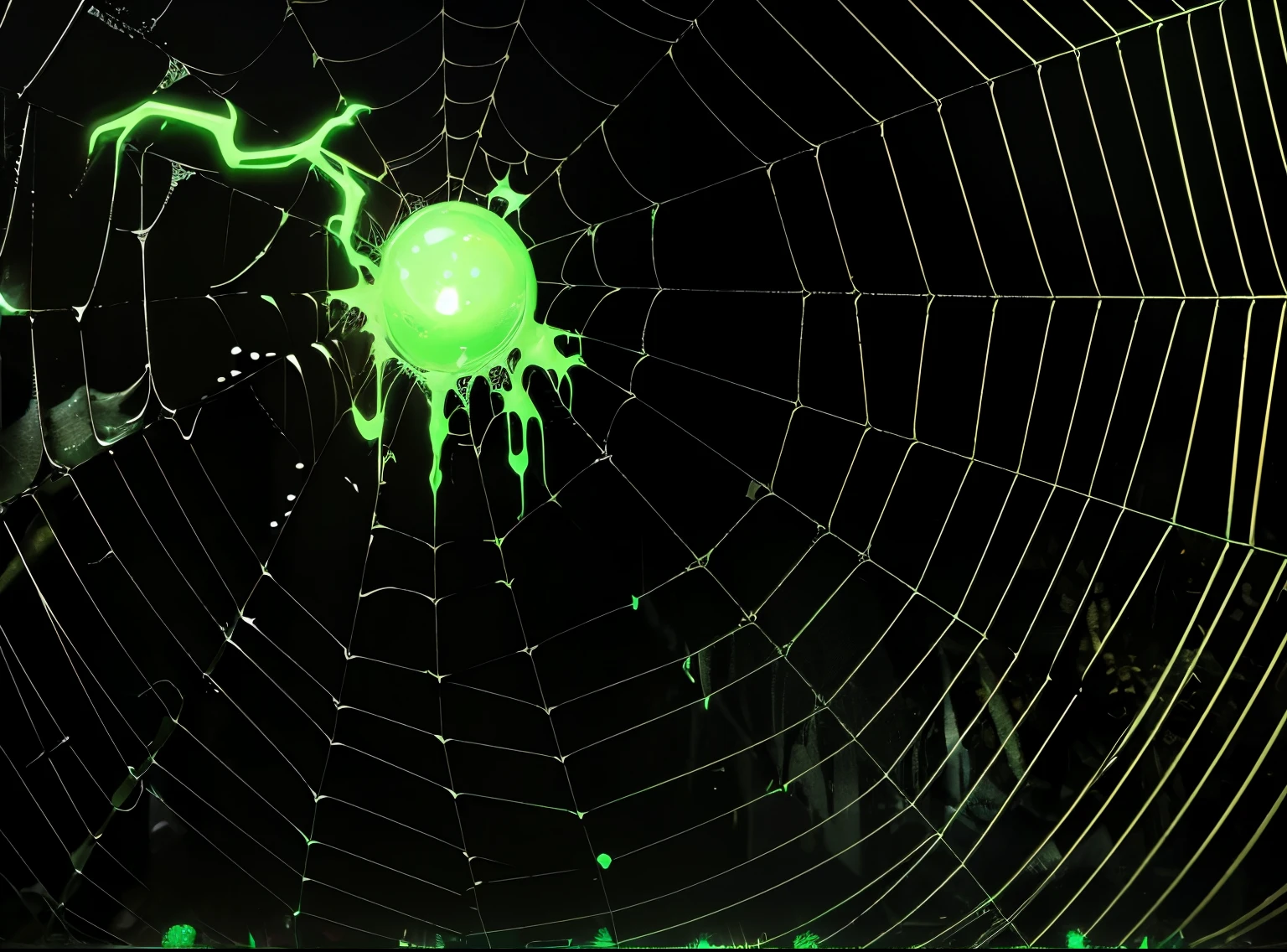 make dark artwork of distorted neon-green spider on a same colour cobweb black backgroud