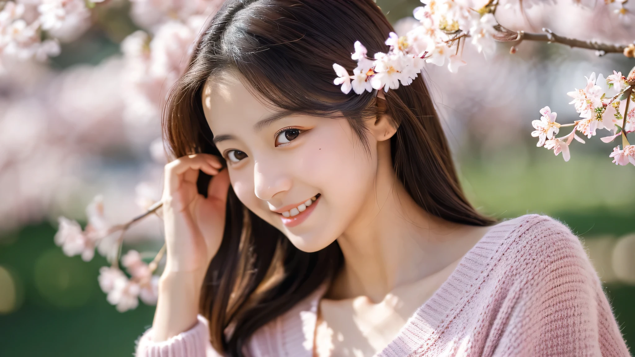 masterpiece, highest quality, Photoreal, Super detailed, finely, High resolution, 8k wallpaper, Professional, Advanced level of detail, Female college student enjoying cherry blossoms, Slender Japan woman, ((facing the front)), detailed clavicle, Medium chest、perfect face, medium long hair, off shoulder knit sweater、mini skirt、gentle smile