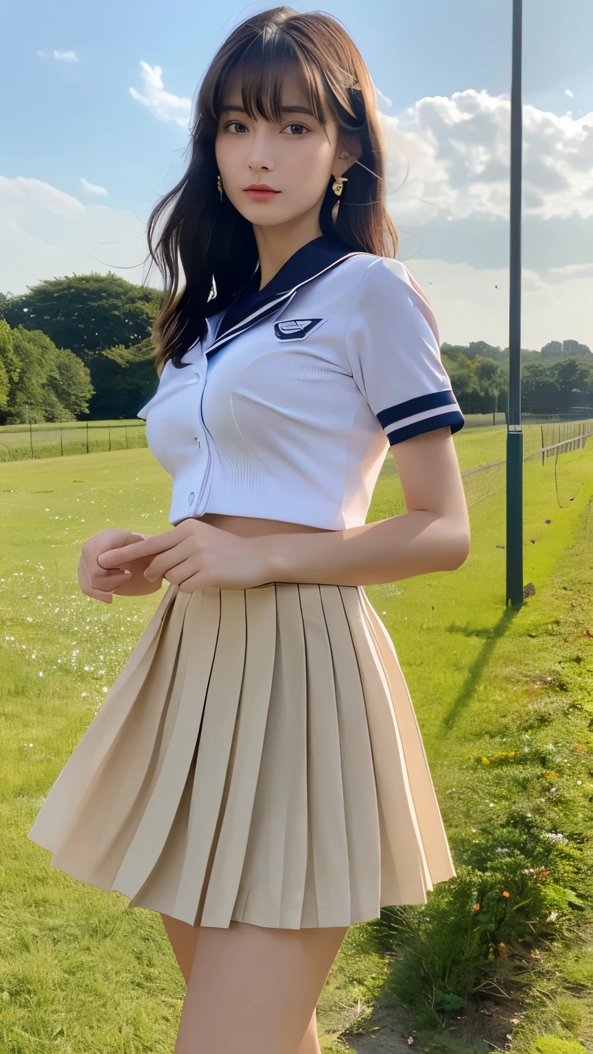 (highest quality:1.4), (hyper quality), (Super detailedな), 1 beautiful girl, (group of female high school students:1.3), Super cute, wonderful face and eyes, (Short-sleeved sailor suit made of thin white fabric), Black pleated micro mini skirt with low rise:1.1, (black pleated mini skirt:1.5), (Beautiful and incredibly big breasts:1.3), (The shape of the nipple protrusions through the uniform:1.4), (uniform is not exposed:1.2), (The fabric of the uniform is thin and the shape of her chest is clearly visible.:1.3), Realistic uniform wrinkles, (red ribbon:1.1), (underboob:1.1), (Massaging her breasts over her uniform:1.2), (slender body:1.1), (slender and long beautiful legs), (thin waist), real skin texture, crystal clear very white skin, (bangs:1.2), earrings, light makeup, (Don't look at me, look ahead), beautiful goddess advent, beautiful background, golden ratio, conceptual art, Super detailed, Accurate, advanced details, (walk along a path surrounded by fields:1.2), My chest sways, Super close, sexy art, (Under the summer sun), bright light, Super delicate illustration details, Highly detailed CG integrated 8k wallpaper, RAW photo, professional photos, cinematic lighting, Depth of the bounds written, No bra, (The nipple protrusions push up the uniform:1.2), (Sharp nipples through the uniform), cropped tops, High heels on bare feet, (back view, stick out your butt)