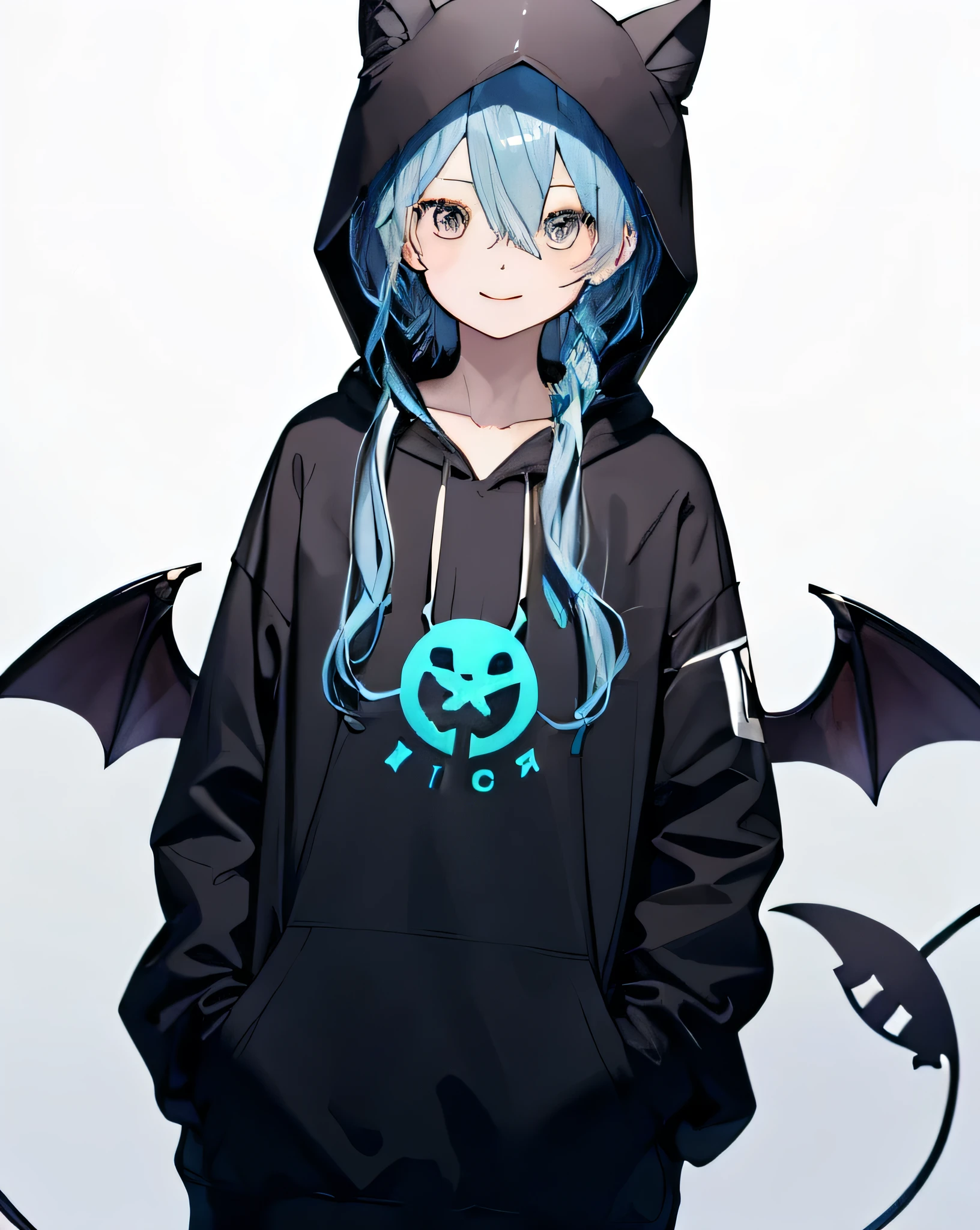 masterpiece,1 boy,alone,long hair,blue hair,bat hoodie:1.5,put your hands on your hips, put one&#39;Hand in hand&#39;pocket of,no background,smile,open your mouth