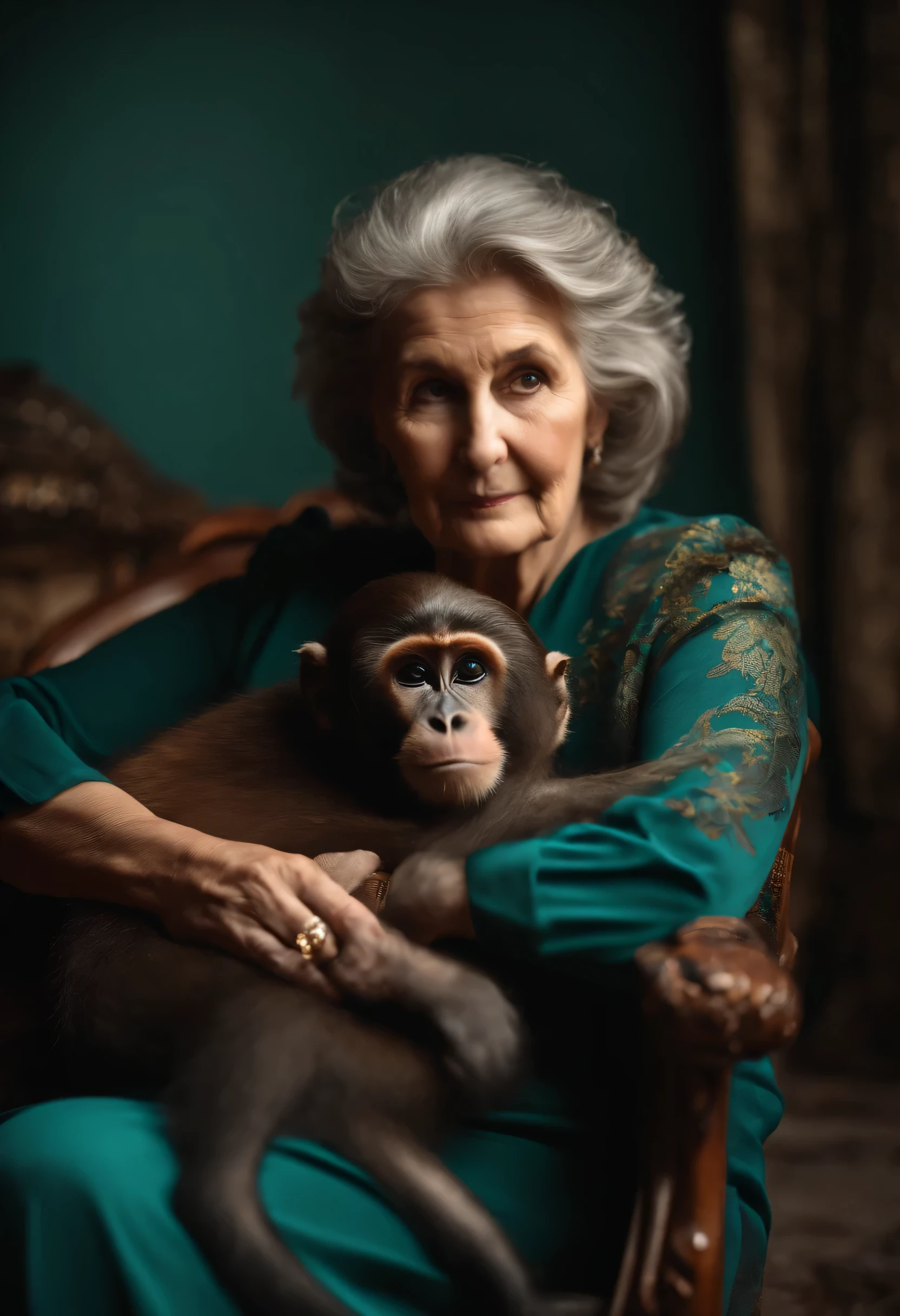 Eine alte frau mit einem Affen in der Hand. Ein friedliches Bild auf einem Stuhl