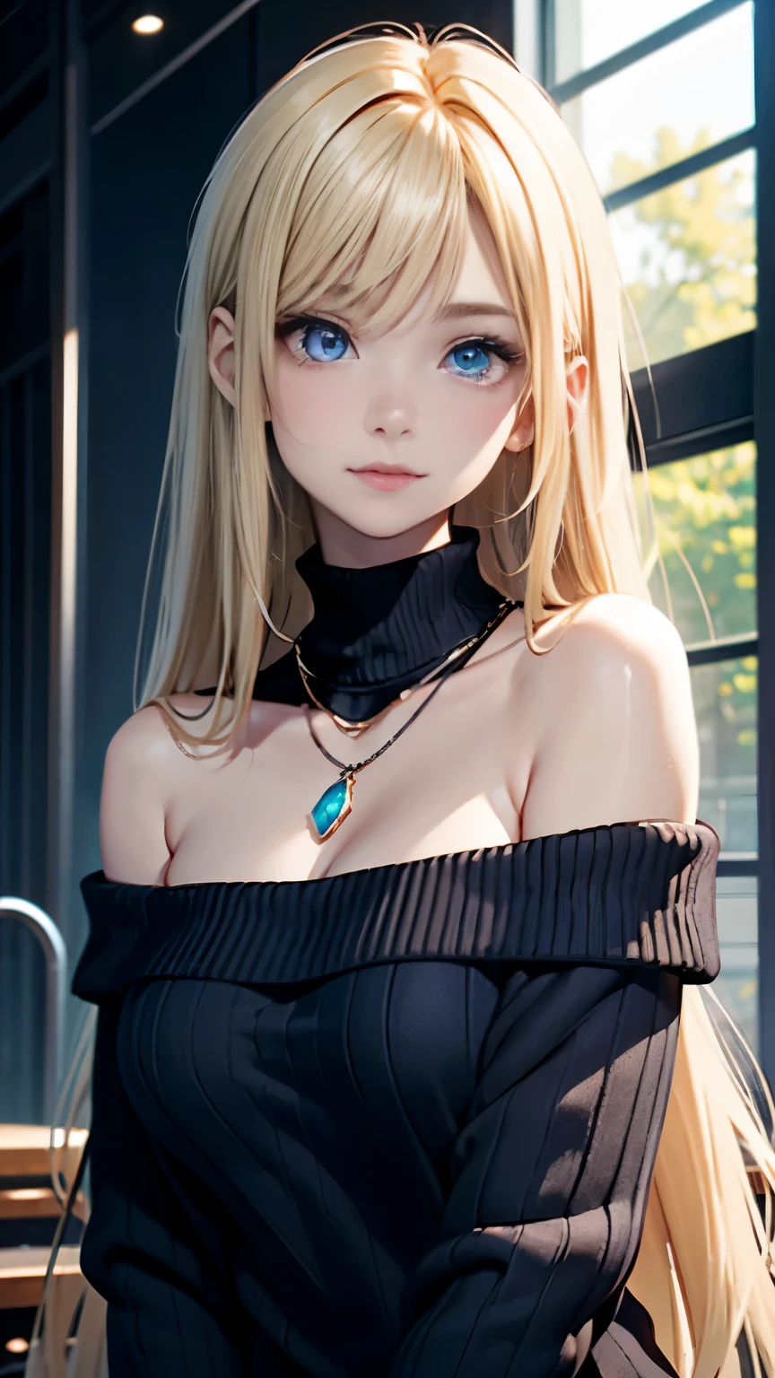 1 girl, 19 years old, extraordinary beauty、alone, Long blonde hair, Huge , looking at the viewer, silky blonde hair, bare shoulders, bright pale blue eyes, gem, full body, necklace, off shoulder, black sweater, realistic, sexy 8k、gross face、cheek gloss、small face beauty、