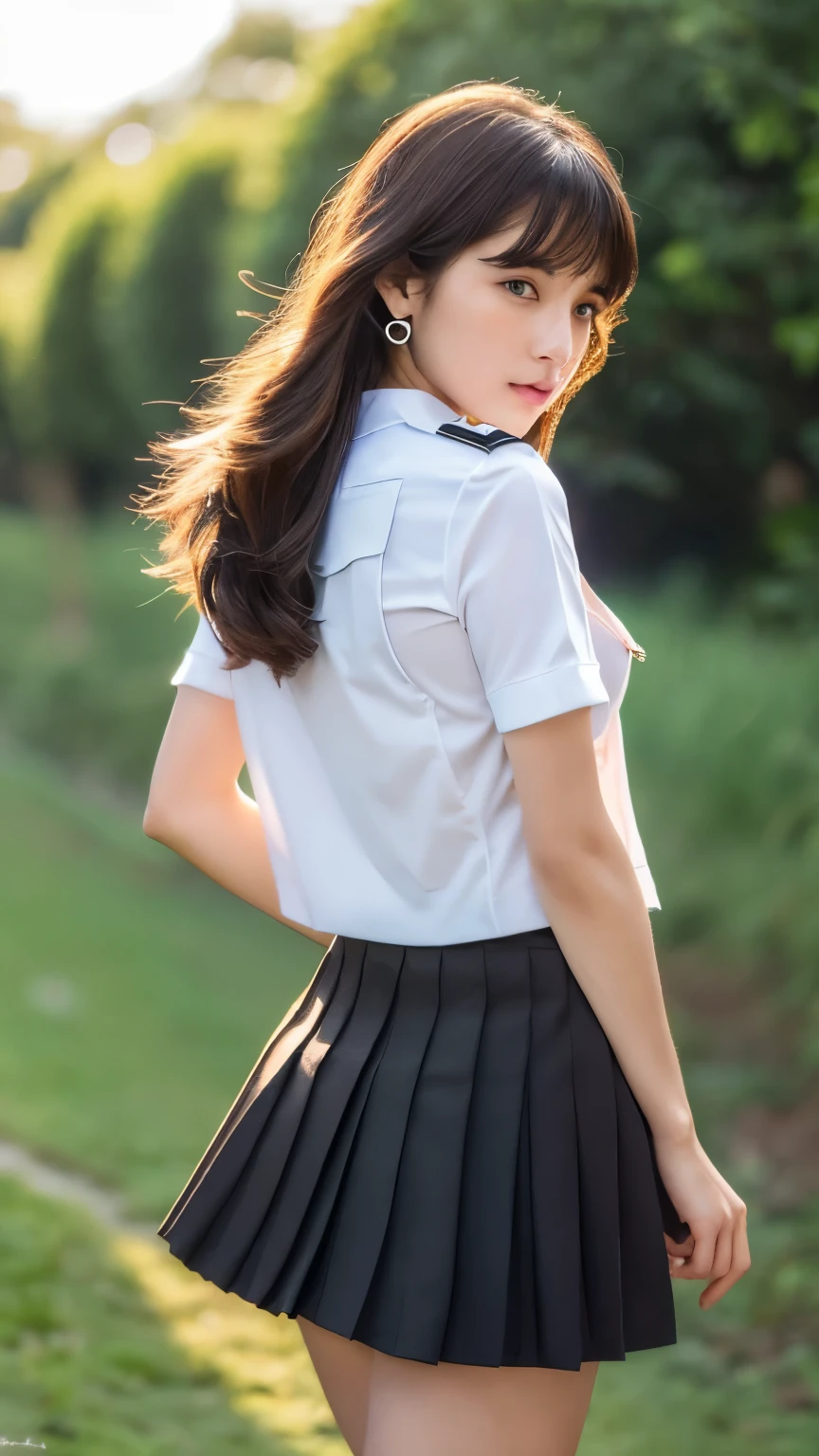 (highest quality:1.4), (hyper quality), (Super detailedな), 1 beautiful girl, (group of female high school students:1.3), Super cute, wonderful face and eyes, (Short-sleeved sailor suit made of thin white fabric), Black pleated micro mini skirt with low rise:1.1, (black pleated mini skirt:1.5), (Beautiful and incredibly big breasts:1.3), (The shape of the nipple protrusions through the uniform:1.4), (uniform is not exposed:1.2), (The fabric of the uniform is thin and the shape of her chest is clearly visible.:1.3), Realistic uniform wrinkles, (red ribbon:1.1), (underboob:1.1), (Massaging her breasts over her uniform:1.2), (slender body:1.1), (slender and long beautiful legs), (thin waist), real skin texture, crystal clear very white skin, (bangs:1.2), earrings, light makeup, (Don't look at me, look ahead), beautiful goddess advent, beautiful background, golden ratio, conceptual art, Super detailed, Accurate, advanced details, (walk along a path surrounded by fields:1.2), My chest sways, Super close, sexy art, (Under the summer sun), bright light, Super delicate illustration details, Highly detailed CG integrated 8k wallpaper, RAW photo, professional photos, cinematic lighting, Depth of the bounds written, No bra, (The nipple protrusions push up the uniform:1.2), (Sharp nipples through the uniform), cropped tops, High heels on bare feet, (back view, stick out your butt)