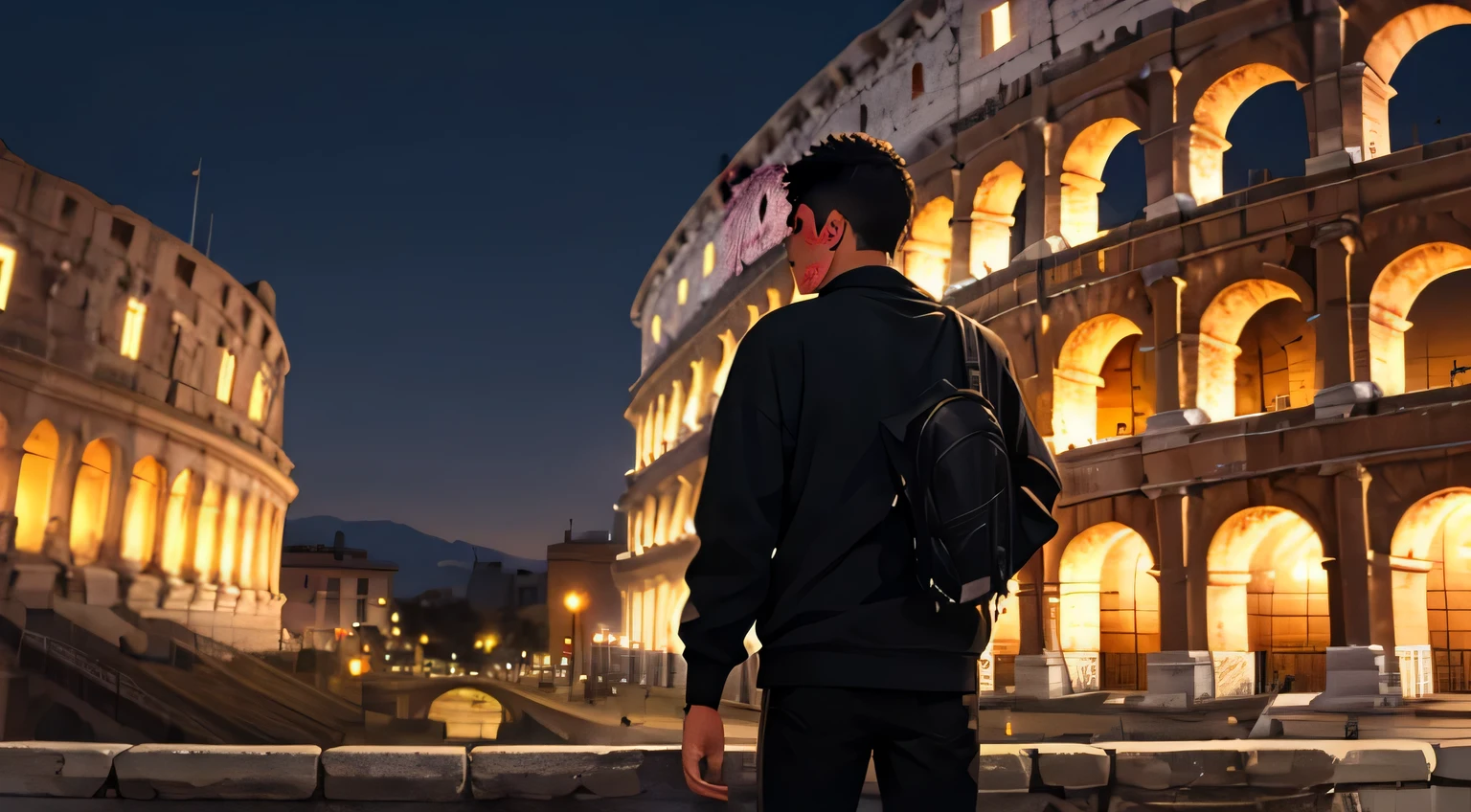 A young Peruvian man with his back to the camera in the Roman coliseum on a bright night. He has his back to the camera wearing a black sweatshirt., pantalones negros, zapatillas negras y audifonos.