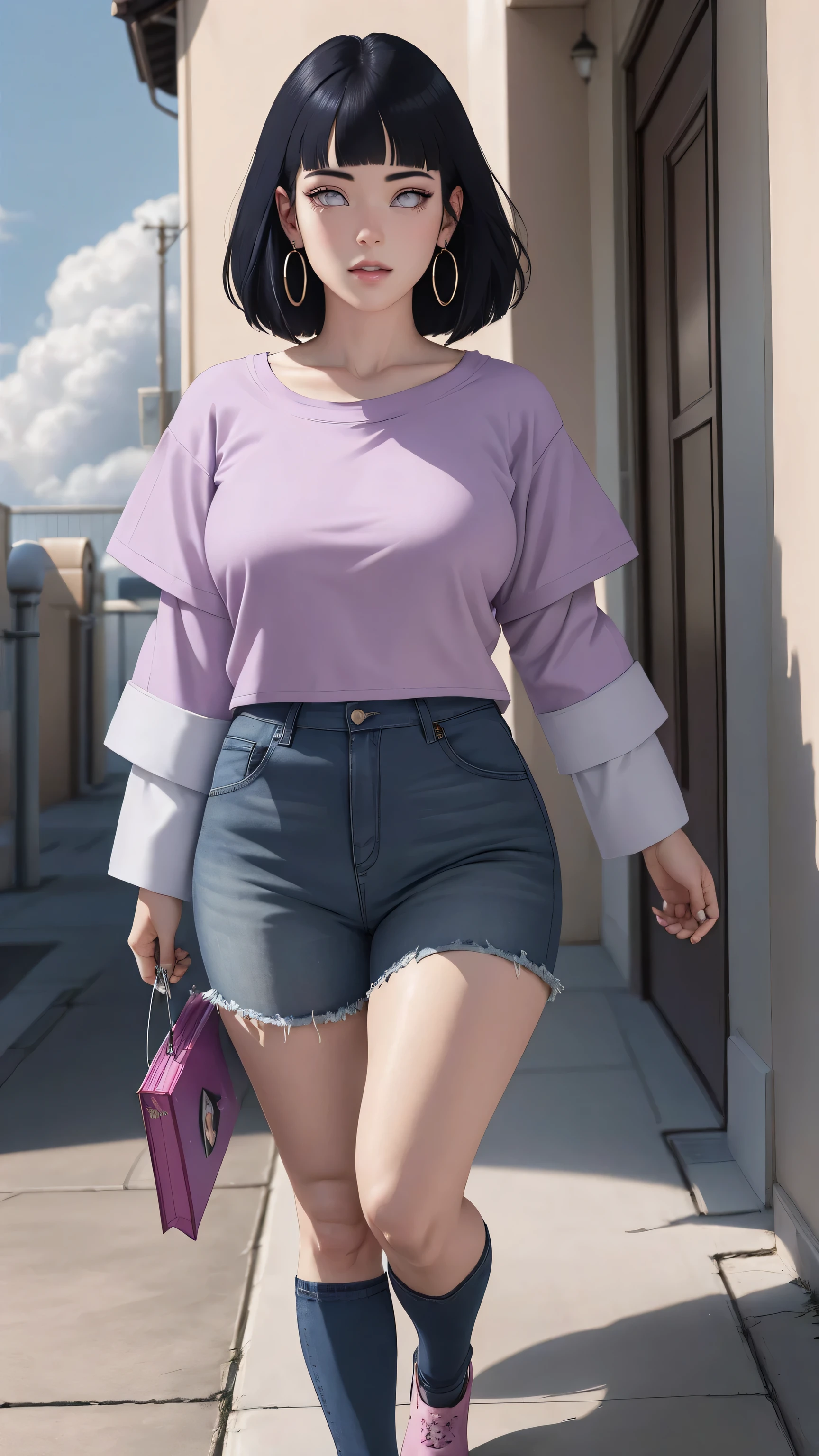 { - anatomy error} (Masterpiece - Ultra-detailed, very high resolution) , absurdos, Hinata\(Boruto\), 1girl, sozinho,Mature female, Capuz roxo,mangas em camadas, jeans, ao ar livre, Cloudy sky, perfect composition, circunstanciado lips, peito grande, beautiful face, body propotion, corar, (pink lips), cabelos pretos curto (black hair), lilac eyes, olhar suave, super realistic, circunstanciado, rosto e corpo realistas, Realistic hair, olhos realistas, nariz realista, realistic lips, with large hoop earrings, anime. Walking on the floor with lilac shoes.
