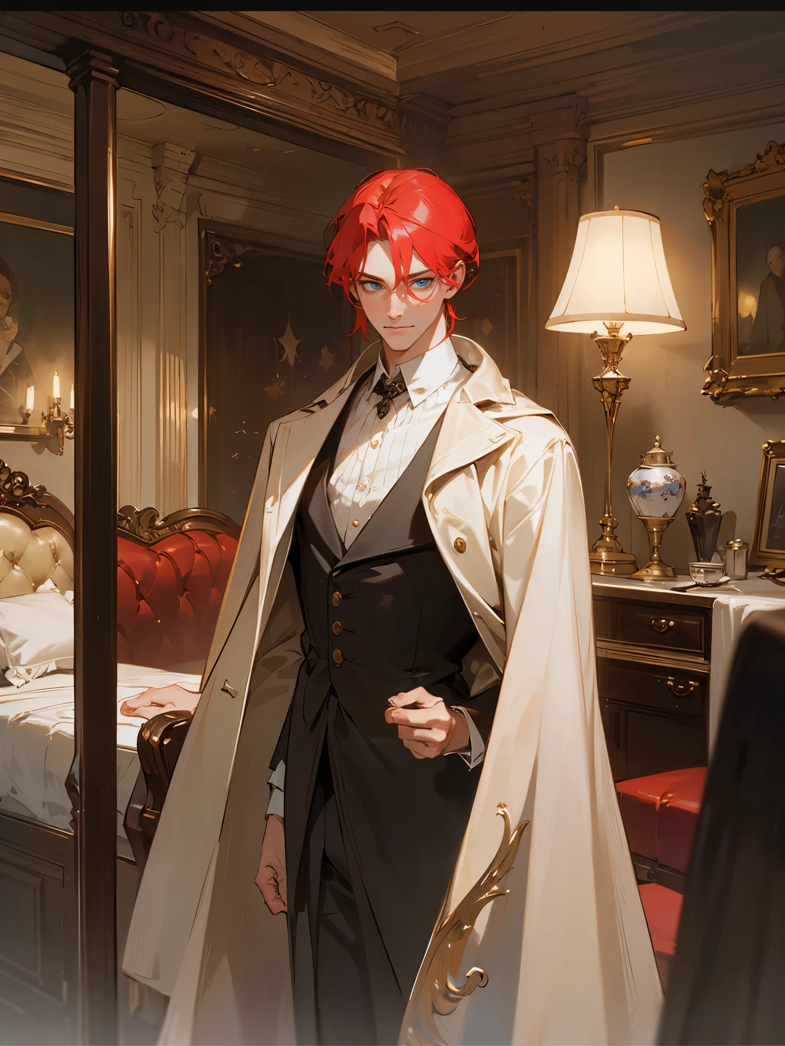 Masterpiece, Best quality, Realistic, 1 man, (elegant duke:1.3)handsome, tall, detailed, sharp eyes, Pale skin, Red hair, blue eyes, tired eyes, stars in his eyes, brash, stubborn, self-righteous, egotist, ((dark bedroom:1.2)), Clutter in the room, lots of details, ((masculine:1.2)), strong, slight smile, dtalesized light background, detailed lighting, highlights, (Sakimical Frank Franchetta, Heise Jinyao)