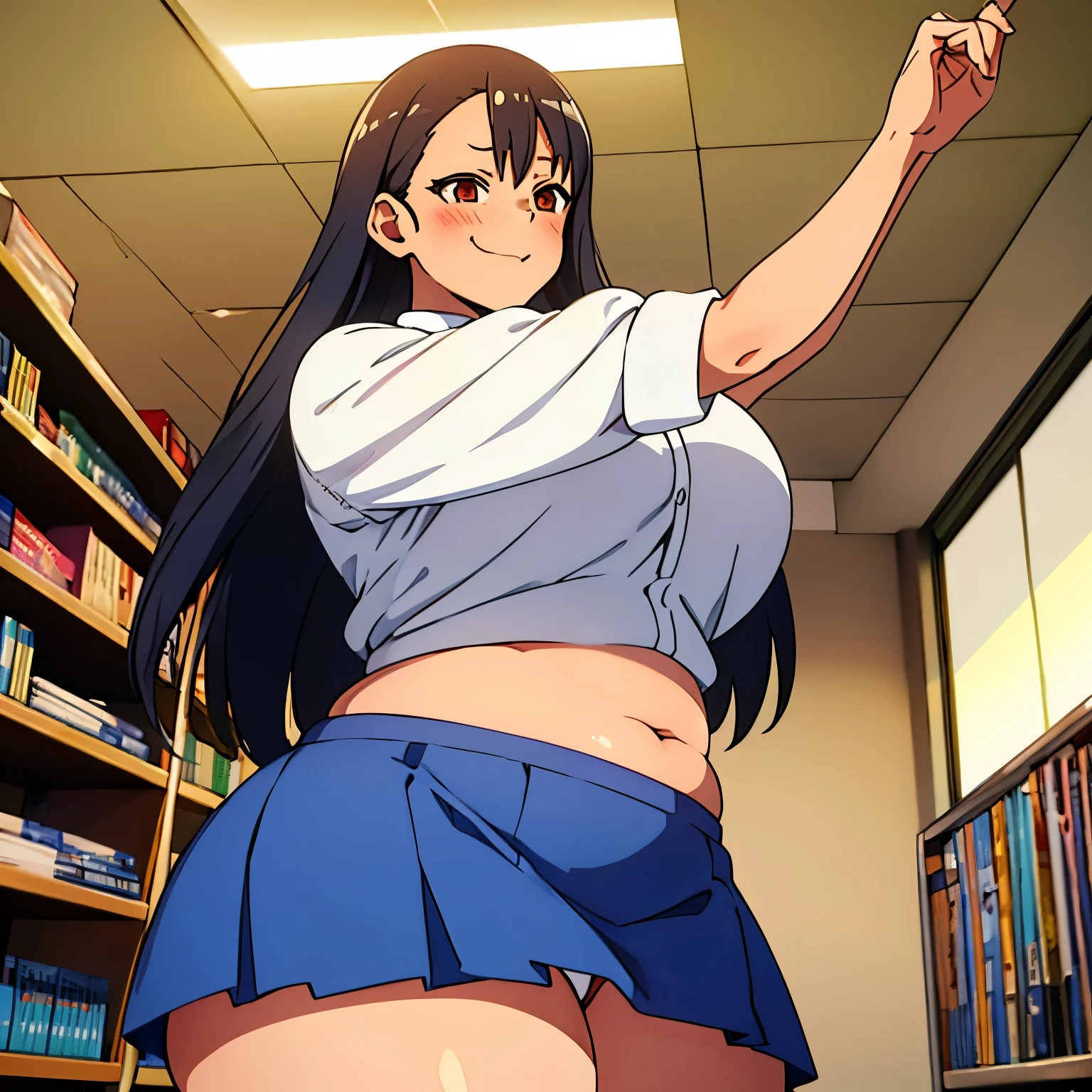 Nagatoro at the school library, golden hour lighting, she's wearing a tight white blouse and a blue skirt, smirking, wide hips, thick thighs, hourglass figure, medium sized oppai, SFW, kawaii, she's fat, she has a big fat distended belly, Don't Toy with Me Miss Nagatoro, Hayase Nagatoro