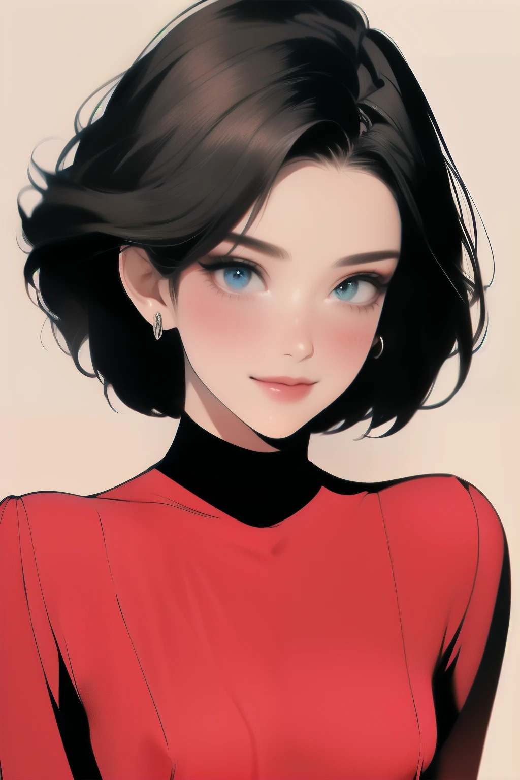 obra-prima, melhor qualidade, realista, mulher madura, fofa, 25 anos, boca fechada, retrato, rosto extremamente detalhado, sorriso suave, (olhos roxos escuros), ((cabelo preto longo e ondulado), ((cabelo com franja frontal)), [sobrancelhas finas], ((vestido vitoriano)), sem maquiagem, sorriso leve, blush nas orelhas, blush claro,
