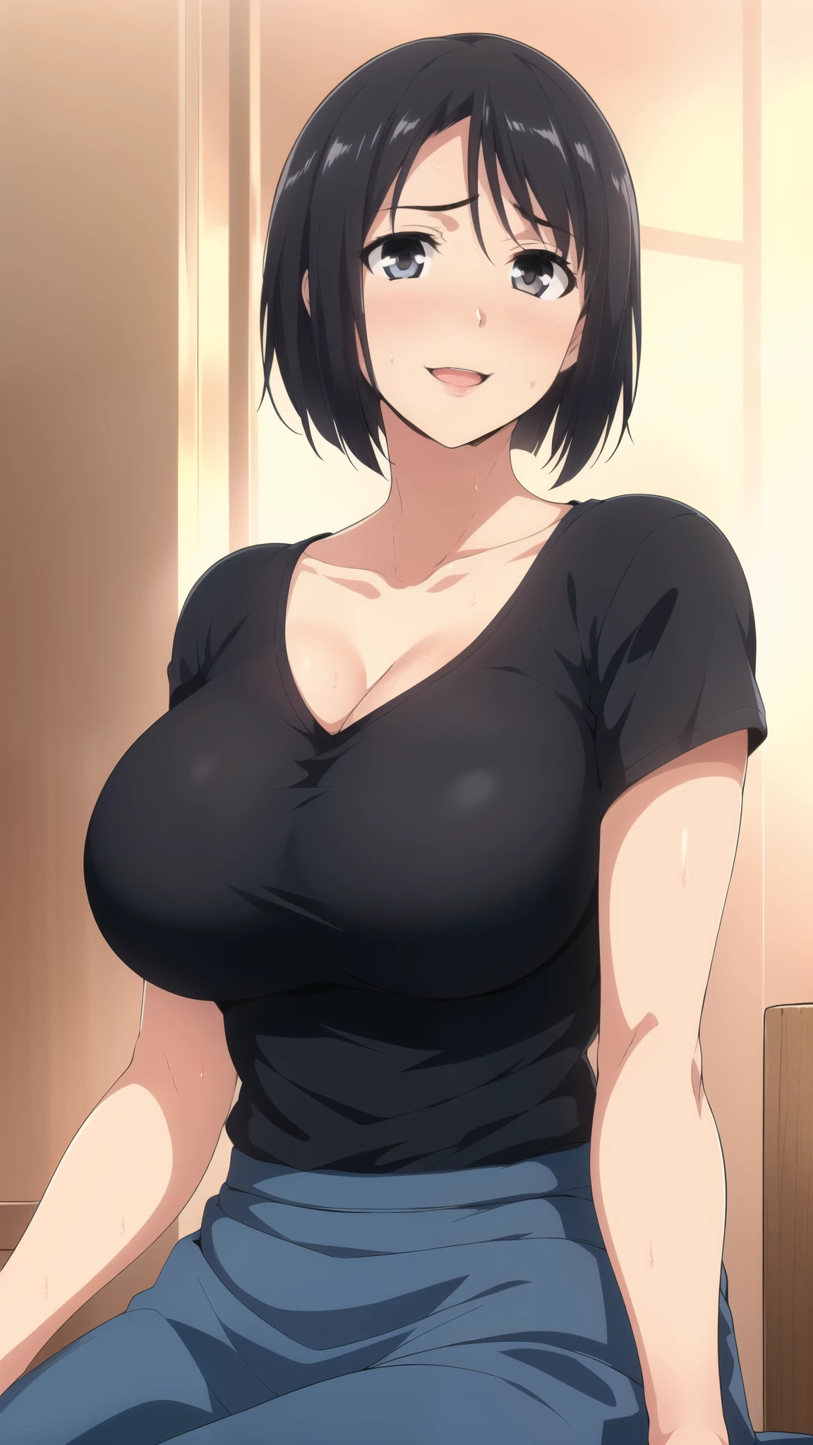 1girl, greyscale, shy,   black hair, black eyes, black shirt, indoors, solo, blush, breasts, large breasts, short hair, looking at viewer, (((sitting))),  sweatdrop, smile, collarbone, upper body, shirt, open mouth, blue skirt , bangs, short sleeves, parted lips, bob cut, t-shirt, screentones,   sweat, between breasts, embarrassed, (masterpiece: 1.0), (best_quality: 1.0), ultra high resolution, 4K, ultra detailed, photography, 8K, HDR, highres, absurders:1.2, Kodak portra 400, film grain, blurred background, bokeh:1.2, l (vibrant_color:1.2) (Beautiful,Large_Breasts:1.6), (beautiful_face:1.5),(narrow_waist), anime style, sharp focus, professional artwork,trending on pixiv, detailed bold arm lines, high color saturation, bold lines, bold drawing lines), open mouth, (white skin, (fair skin), slender body, milf, perfect face)