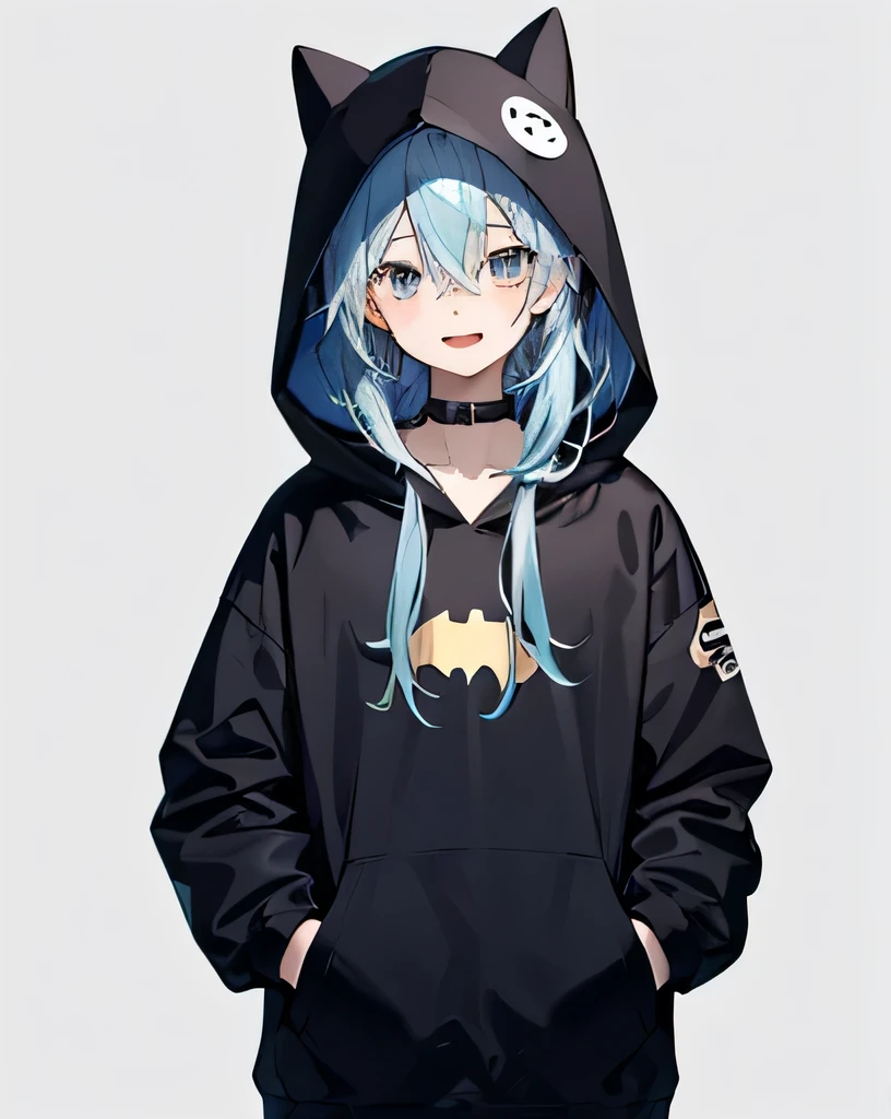 masterpiece,1 boy,alone,long hair,blue hair,bat hoodie:1.5,put your hands on your hips, put one'Hand in hand'pocket of,no background,smile:1.5,open your mouth