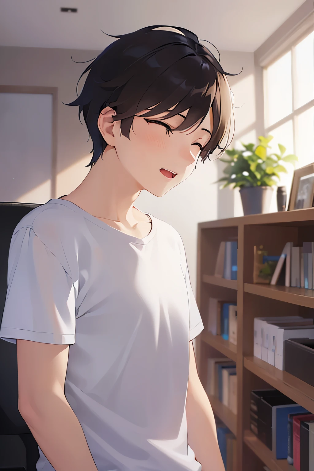side angle, (looking away:1.5), masterpiece、highest quality、(25 year old male:1.5) and (brown short hair) and (closed eyes:1.2), wearing a plain white T-shirt、smile, open mouth, The background is the living room、(Alone:1.5)、Upper body is shown、Are standing