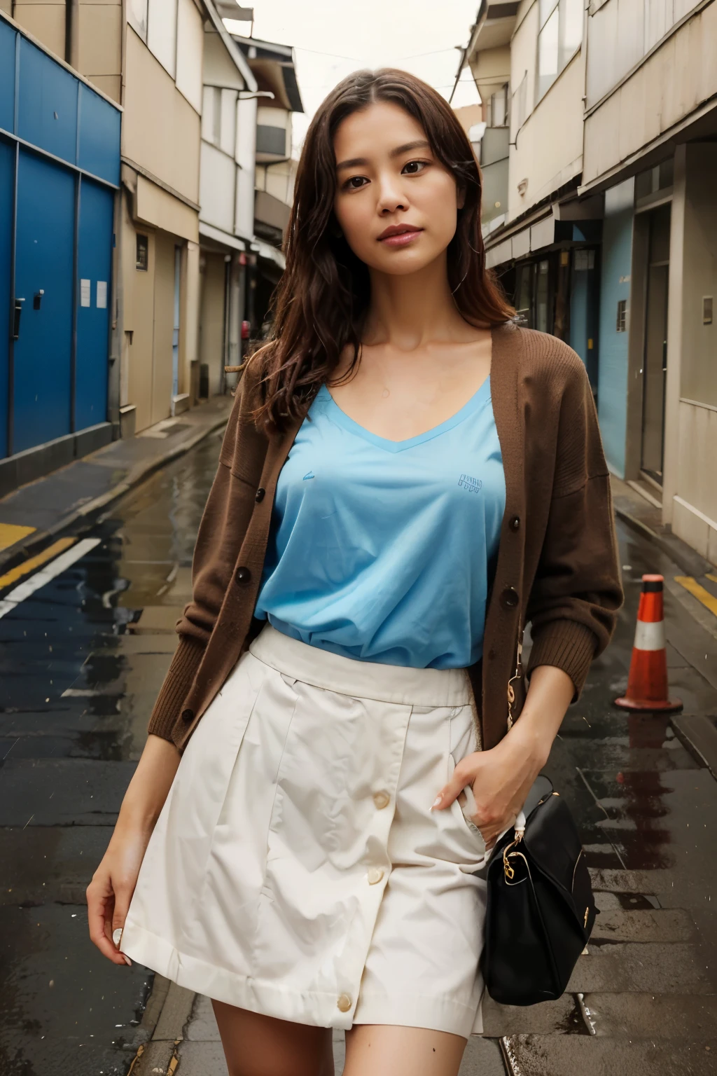 ((최Masterpiece, High Quality, RAW,photorealistic, Make a picture of a 39-year-old, married woman. Her name is Yuki Okazawa. She lives in Suginami-ku, Tokyo. She has a slim bright face and warm and intelligent eyes. She has an elegant expression. She wore an ivory deep V-neck transparent t-shirt, a brown cardigan, and a Carolina Blue midi skirt. She wore brown sneakers. She was on her way to the market. It rained a lot, so she was standing under a street tree. Her clothes were wet in the rain.well proportioned figure,slender,detailed face, detailed skirt,small face,Intentional quality)), ((masterpiece)), (detailed), perfect face