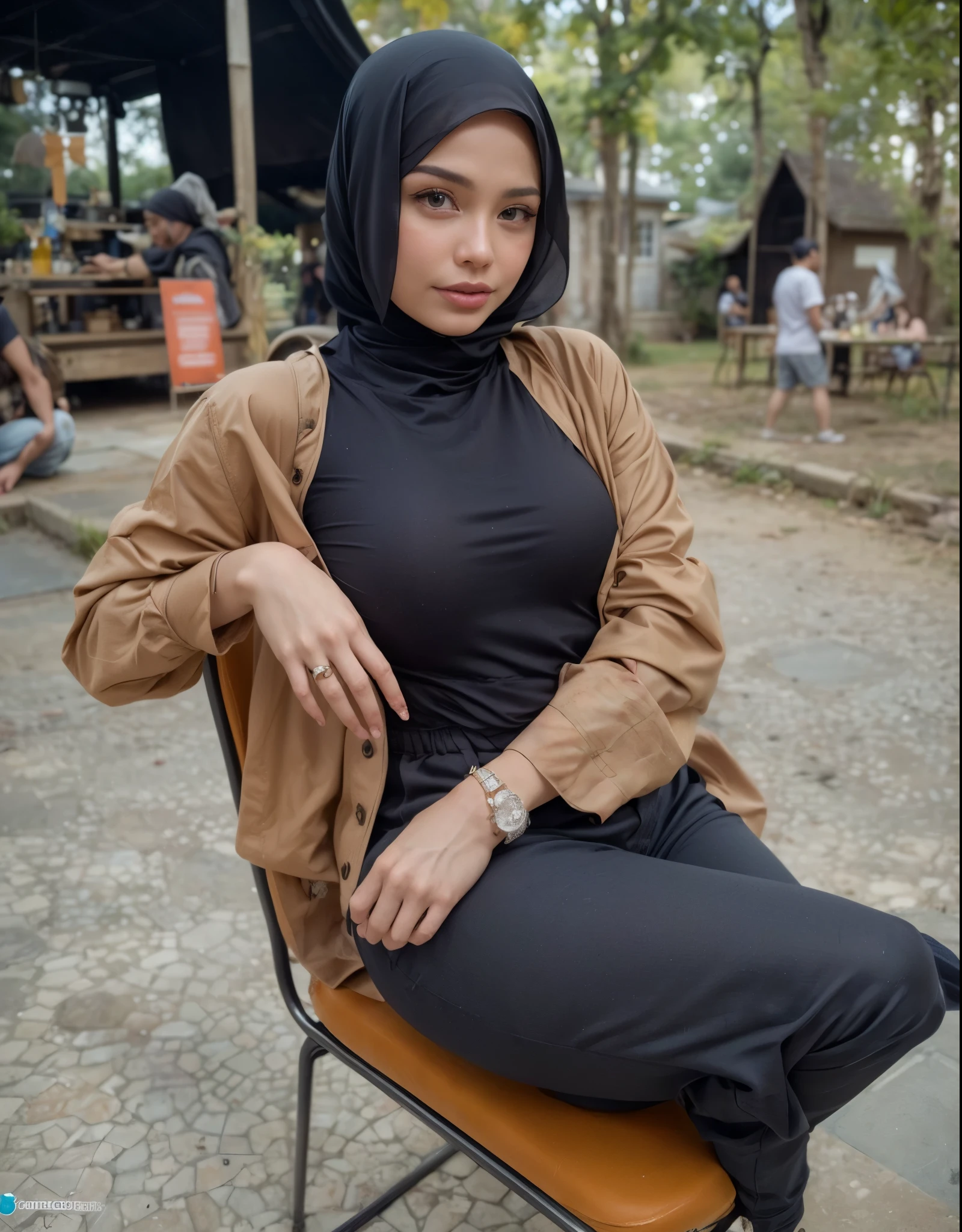 masterpiece, (ultra-high-definition portrait, vignet:1.4), Realistic, extremely detailed, CG unified, 8k, Clean lines, highly detailed, High-definition, raw color photos, she is smiling, Realistic portrait, Cinematic Light, Beautiful detailed, (1hijabgirl, indonesian:1.5), (165cm tall, big breasts with lips like she wants to kiss:1.5), Beautiful big breasts, breasts details, very tight, (Biggorgeous breast, Serious Face:1.5), (Serious Face, Big Breast:1.4), Close up of a girl in Beautiful clothes with errected nipple, biggorgeous breast, Soft smile, scarf, (Bombastic Side Eyes with curvaceous body:2), pose 4 of 1 6, Undress, No bra, (nipples that are clearly sticking out detail:1.2), Outdoors, high intricate detailed.