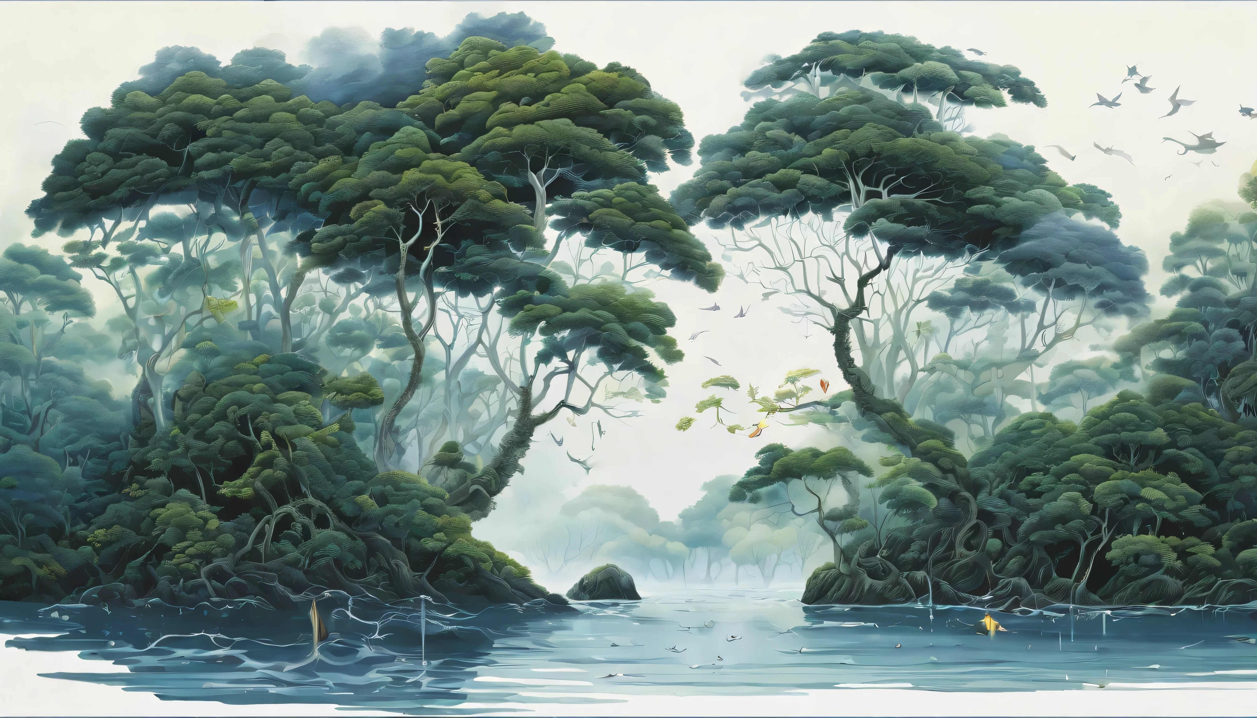 Design an image depicting an intense night storm scene over an ancient rainforest. The sky above is a canvas of chaotic beauty, with lightning bolts illuminating the dense canopy below. Each flash reveals the rich, wet leaves of towering trees and the intricate ecosystem that thrives under their shelter. The storm's fury is juxtaposed with the enduring calm of the forest, highlighting the timeless dance between nature's tempests and the tranquility of the ancient woodlands. Include the occasional glimpse of a waterfall or river, its waters surging in response to the downpour, adding to the scene's dynamic beauty