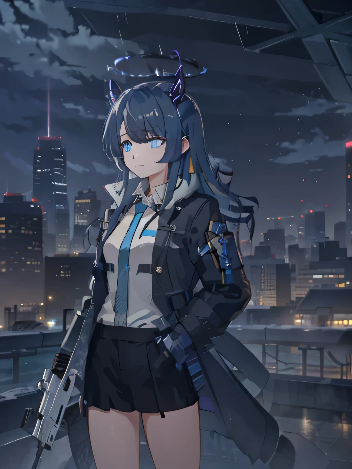 1 girl,  very clear, nervous, , watch, transport station, dark rainy day, Serious eyes, Black halo with sky blue stripes, Serious, keen vision, dissatisfied, Holding August assault rifle, City skyline, light gray aug assault rifle，With blizzard texture, tall girl, transport, train station, Serious, dark rainy day, diasobrio, rain, collision,  standing posture, Purpose，sky blue eyes，One hand in coat pocket