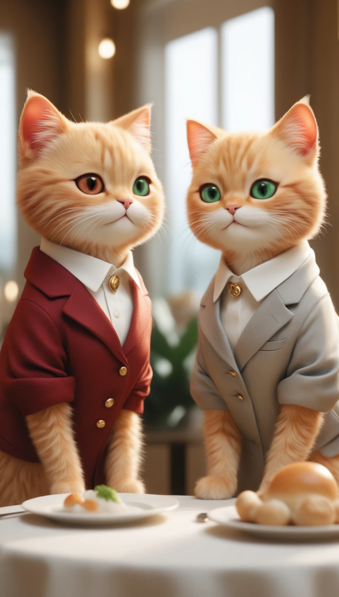 HD photography close-up，Two lovers big headed anthropomorphic cats have happy smiles、looking at each other，They wear fashionable clothes、Eat in a luxurious light restaurant，Realistic animation style，The overall color is warm and rich。