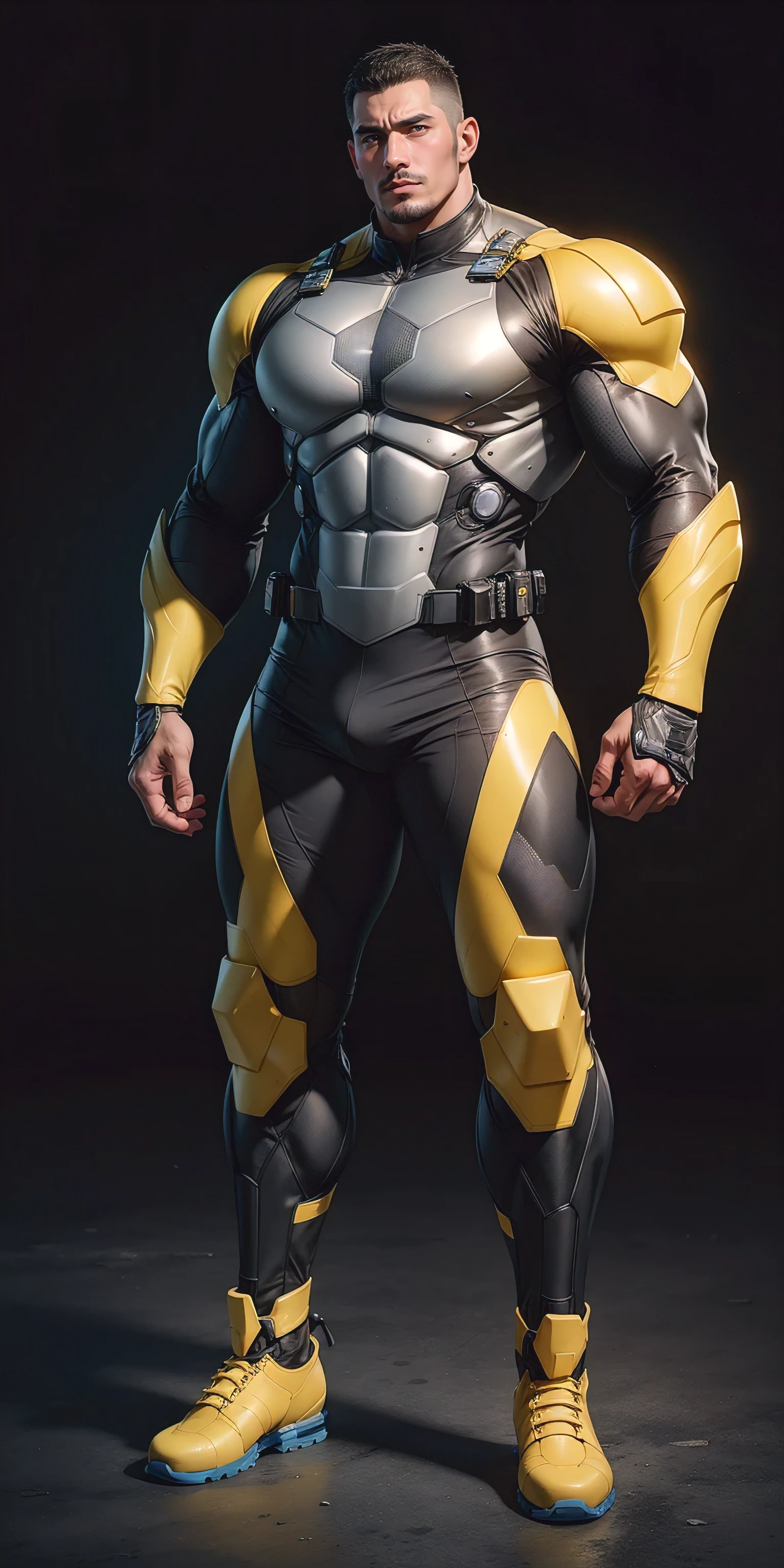 Tall giant muscular police officer, Yellow-gray honeycomb network pattern nano mecha, he&#39;Wearing a mechanical helmet, honeycomb pattern, Lightweight texture, character concept（Resident Evil - chris redfield, chris redfield）senior police officer, small grid texture, regular symmetrical texture pattern, heroic male pose, tall burly, muscular！Charming leg muscles, High, burly, heqiang, Super gain and cool, high resolution committee, Yellow-gray ultra-thin nano mechanical boots suitable for big feet, Charming strong man, The bright sunshine is shining on you, matte particles, shiny texture