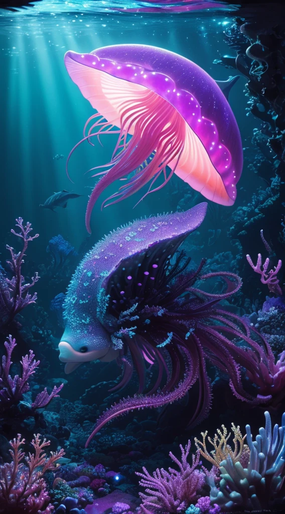 Ultra detailed photorealistic art masterpiece, creature portrait, mysterious beautiful deep sea jellyfish dolphin fusion, glowing tentacles, crab claws, sharp teeth , mixed animals, glowing bioluminescence pink purple glowing, natural movement pose, 1000m deep underwater , realistic reflection, deep sea animal, mixed with dark elements, dark environment, very dark night , abstract, ultra detailed atmospheric details, beautiful glowing effects , realistic, complex masterpiece, enhanced colors, ultra detailed realistic reflections, Ultra detailed complex background, underwater photography, spot light
