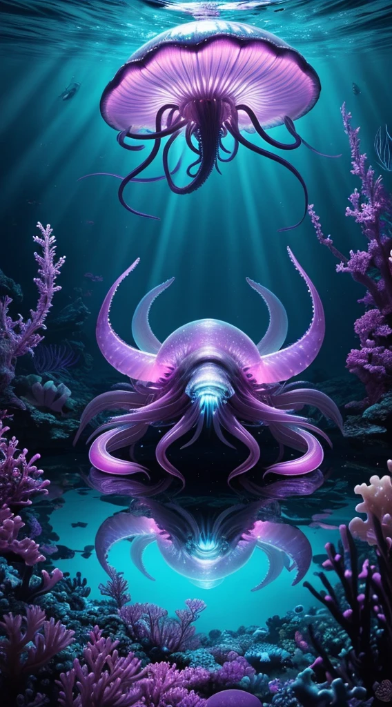 Ultra detailed photorealistic art masterpiece, creature portrait, mysterious beautiful deep sea jellyfish dolphin fusion, glowing tentacles, crab claws, sharp teeth , mixed animals, glowing bioluminescence pink purple glowing, natural movement pose, 1000m deep underwater , realistic reflection, deep sea animal, mixed with dark elements, dark environment, very dark night , abstract, ultra detailed atmospheric details, beautiful glowing effects , realistic, complex masterpiece, enhanced colors, ultra detailed realistic reflections, Ultra detailed complex background, underwater photography, spot light