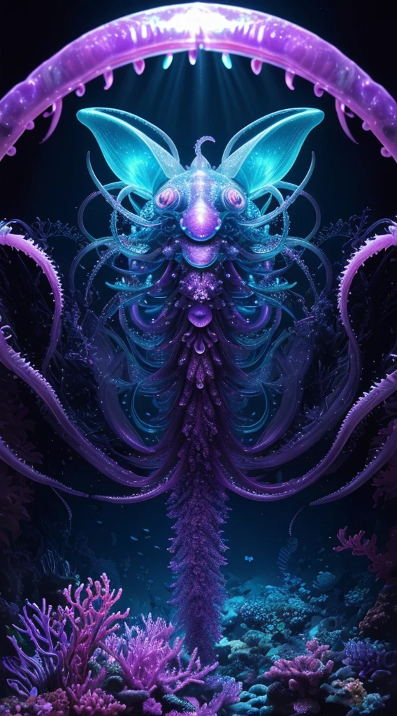 Ultra detailed photorealistic art masterpiece, creature portrait, mysterious beautiful deep sea jellyfish dolphin fusion, glowing tentacles, crab claws, sharp teeth , mixed animals, glowing bioluminescence pink purple glowing, natural movement pose, 1000m deep underwater , realistic reflection, deep sea animal, mixed with dark elements, dark environment, very dark night , abstract, ultra detailed atmospheric details, beautiful glowing effects , realistic, complex masterpiece, enhanced colors, ultra detailed realistic reflections, Ultra detailed complex background, underwater photography, spot light