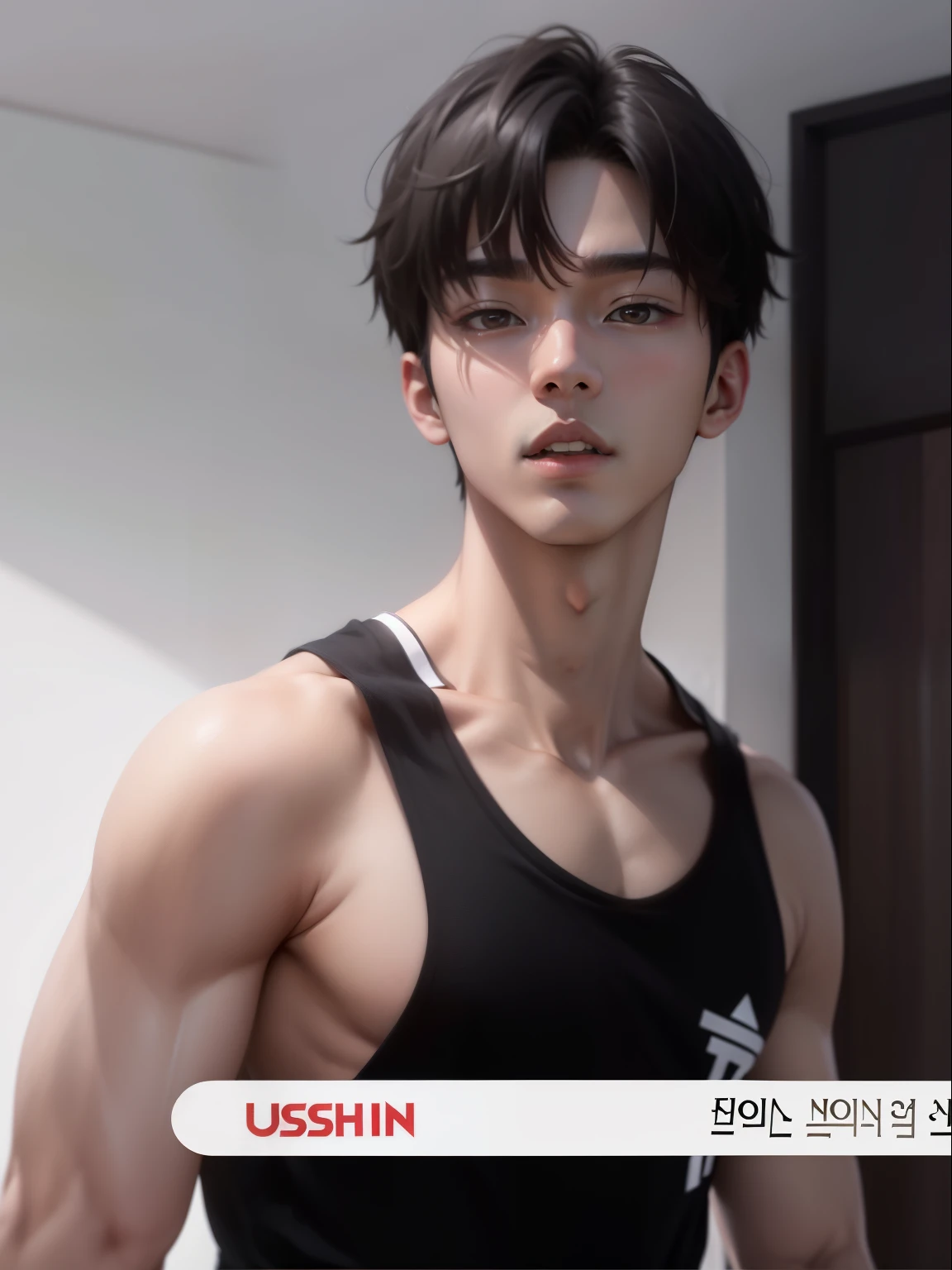 Wear only a pair of white shorts,Get wet,Eight-pack abs,muscle men,Black skin,Physical Education Student,Big bag,short detailed hair,chineseidol,binding