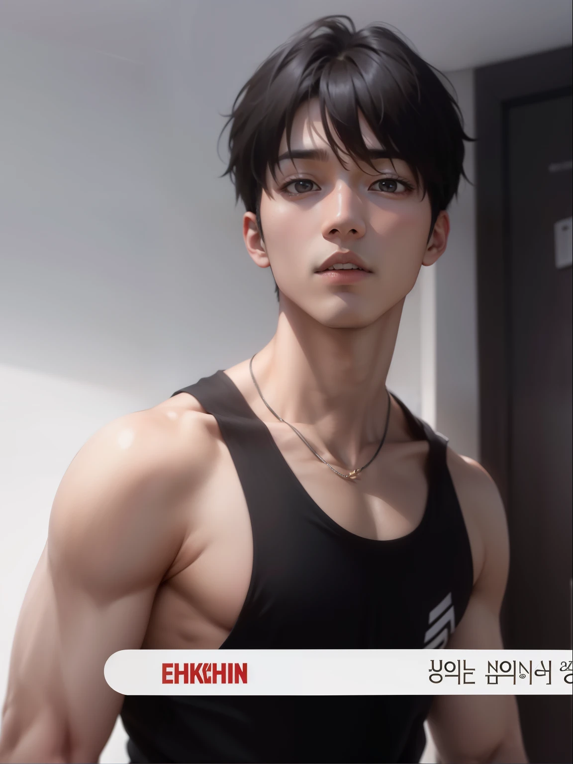 Imagen arafed de un hombre con una camiseta negra sin mangas., usando una camiseta sin mangas escotada, jinyoung shin, kim doyoung, korean muscle boy 2 1 years, inspirado en jeonseok lee, marca lee, hombre surcoreano, he is about 2 0 years old, he is about 20 years old, Won Bin Lee