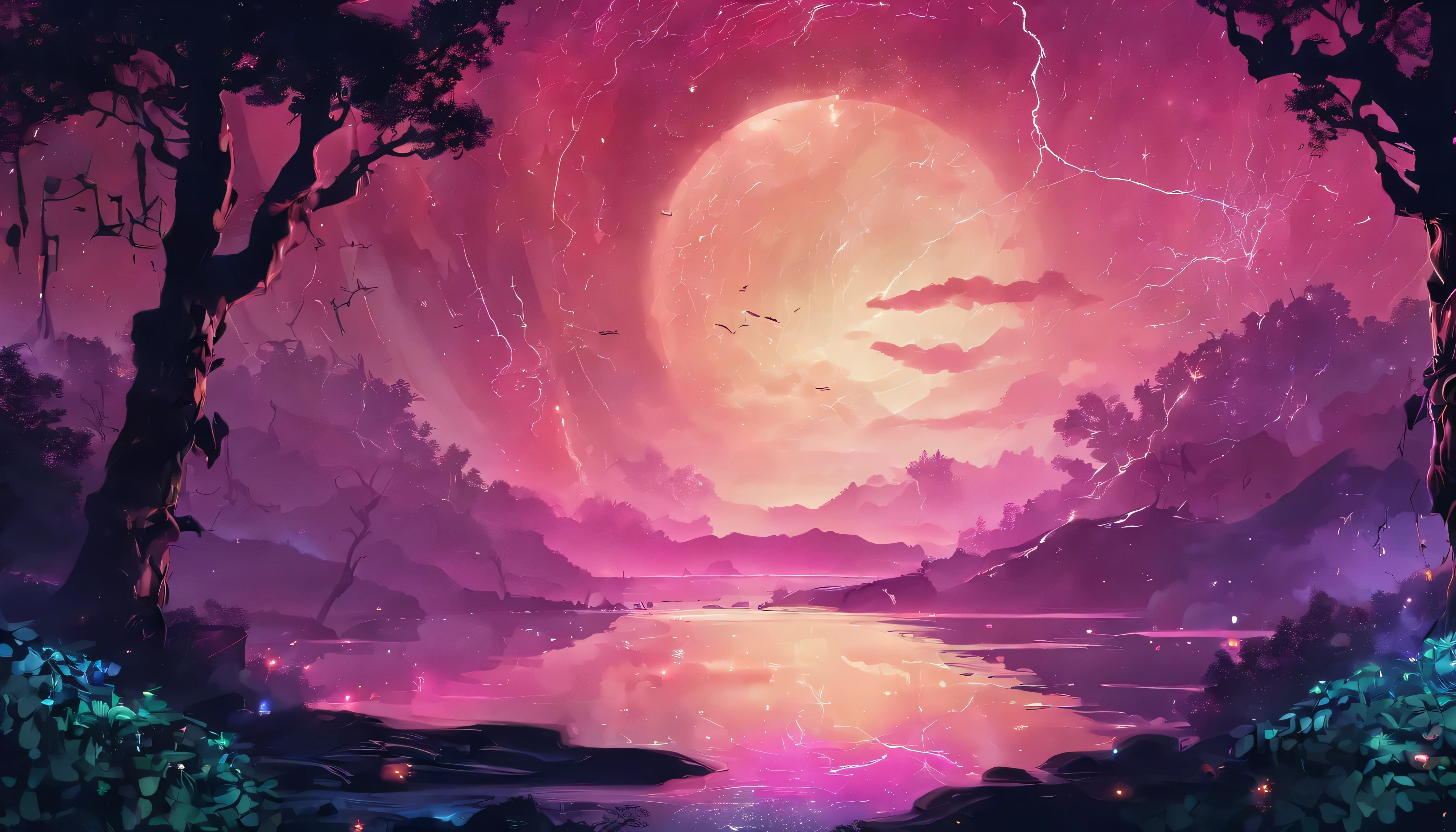 Design an image depicting an intense night storm scene over an ancient rainforest. The sky above is a canvas of chaotic beauty, with lightning bolts illuminating the dense canopy below. Each flash reveals the rich, wet leaves of towering trees and the intricate ecosystem that thrives under their shelter. The storm's fury is juxtaposed with the enduring calm of the forest, highlighting the timeless dance between nature's tempests and the tranquility of the ancient woodlands. Include the occasional glimpse of a waterfall or river, its waters surging in response to the downpour, adding to the scene's dynamic beauty